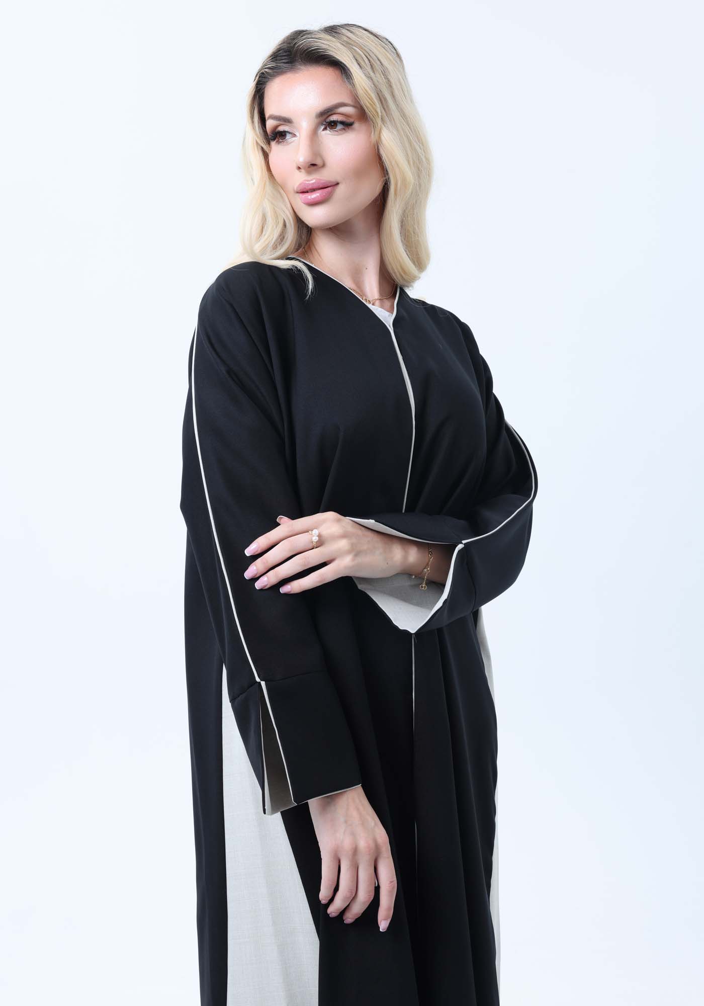 Two-Tone Colorblock  Melange Abaya with Contrast Piping and Slit Sleeves comes with Headscarf