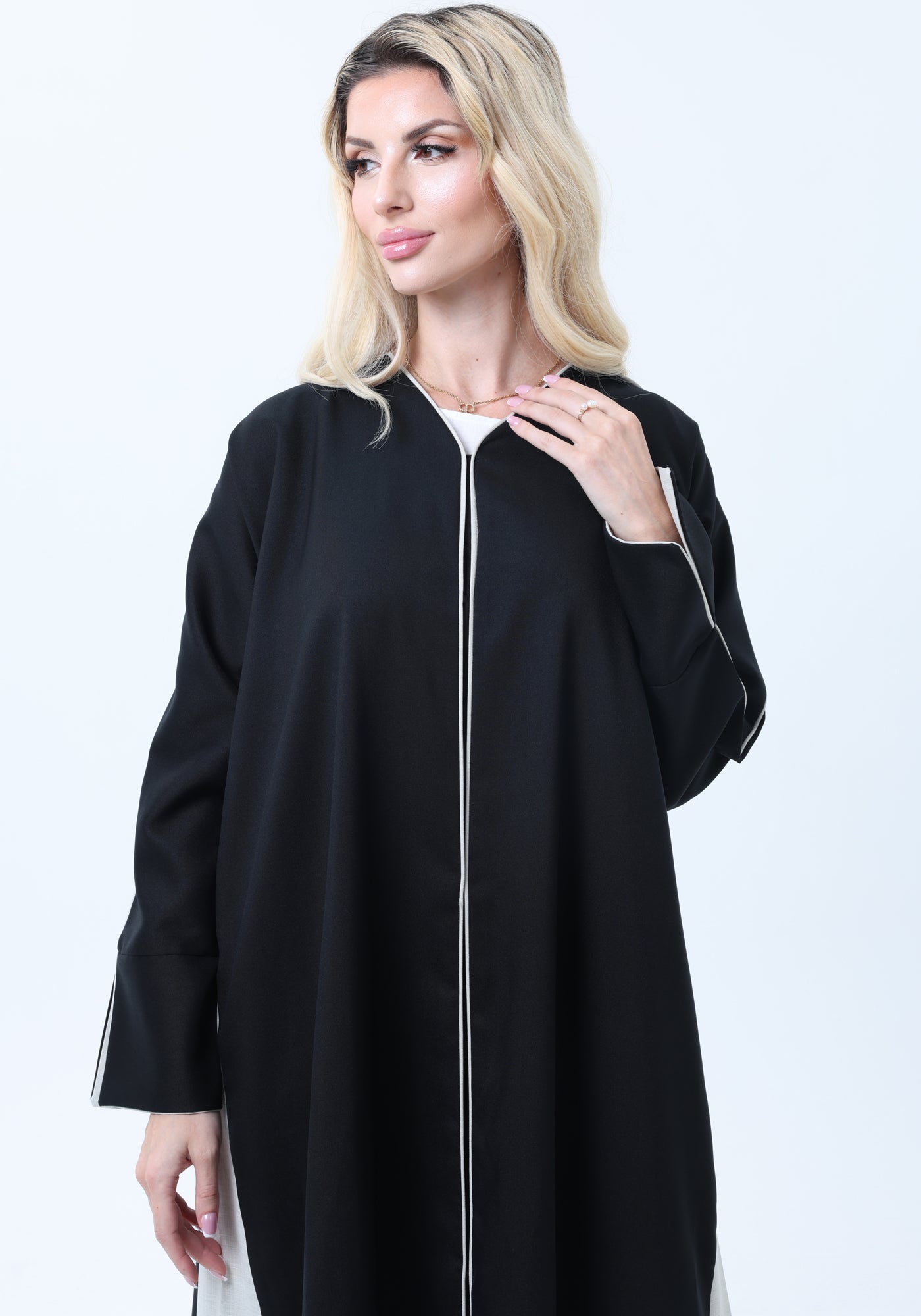 Two-Tone Colorblock  Melange Abaya with Contrast Piping and Slit Sleeves comes with Headscarf