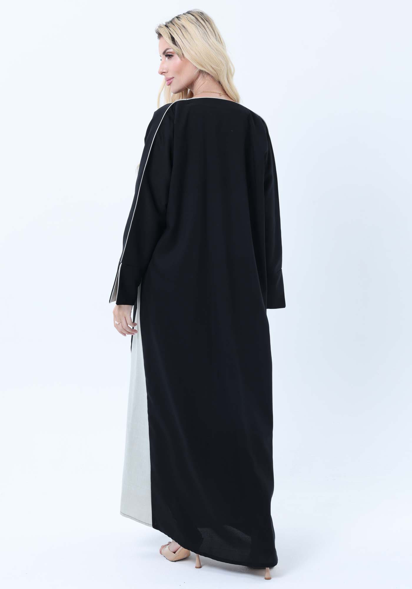 Two-Tone Colorblock  Melange Abaya with Contrast Piping and Slit Sleeves comes with Headscarf
