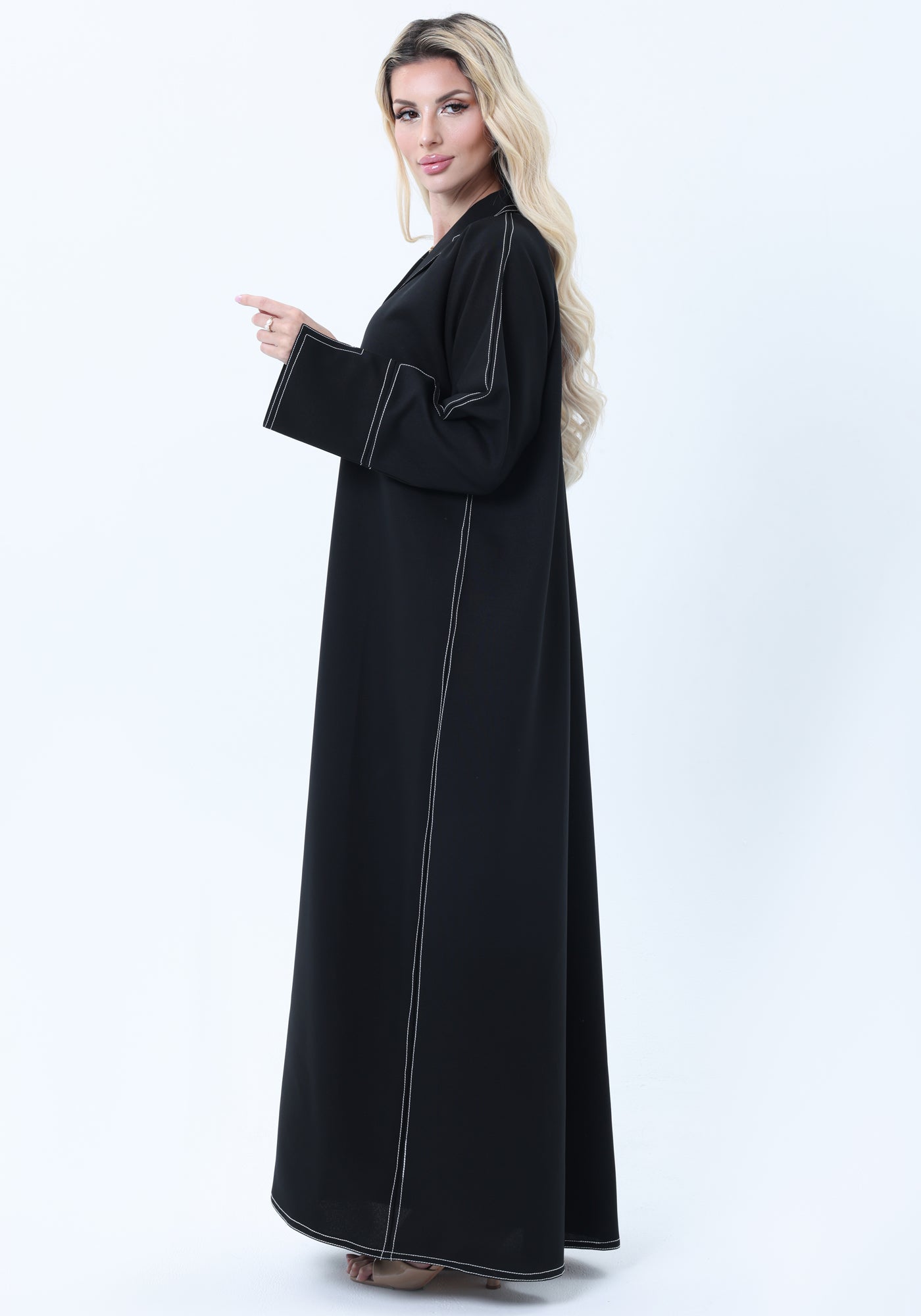 Professional Black Abaya with White Contrast Stitching, Slit Sleeves and Matching Headscarf