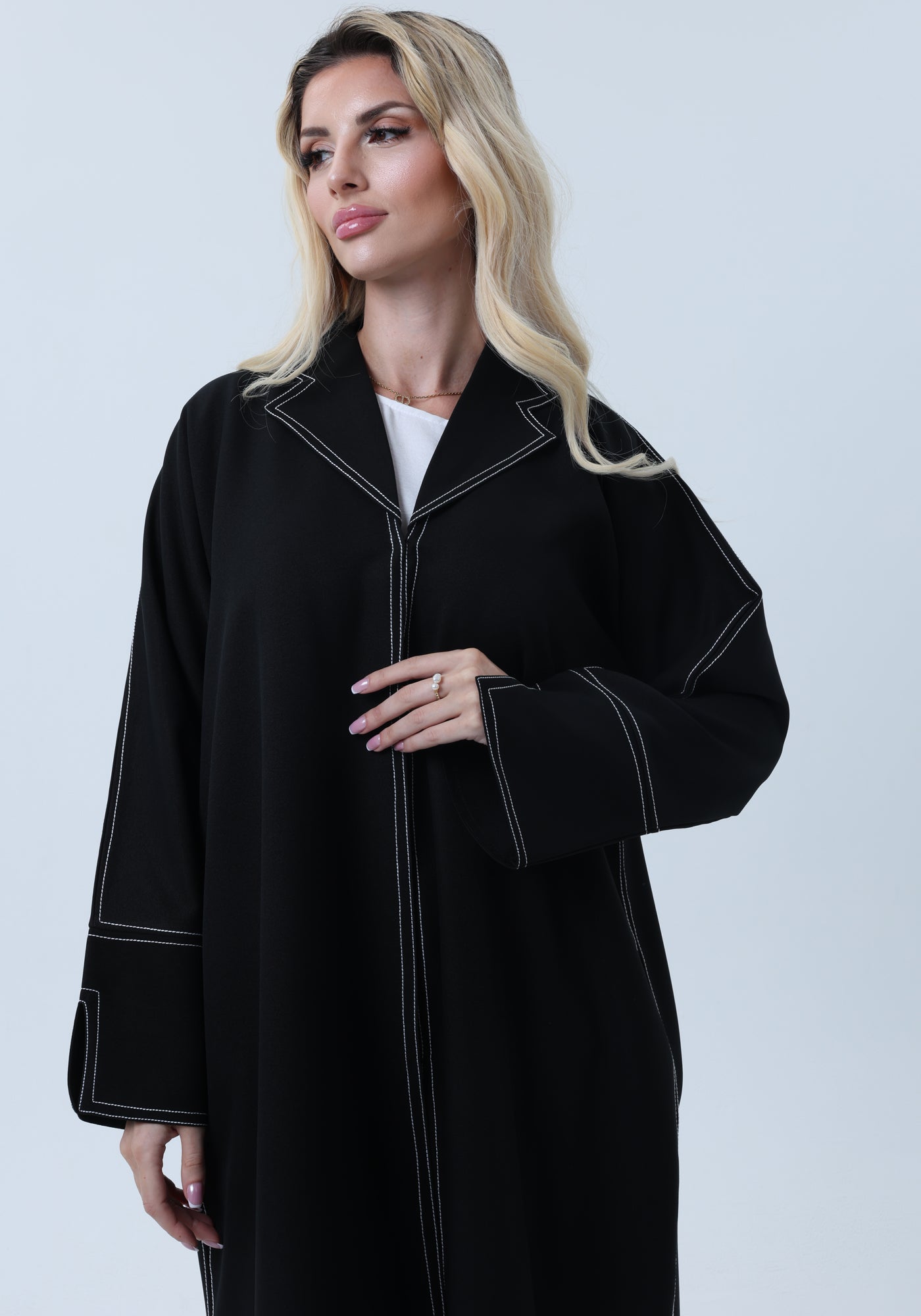 Professional Black Abaya with White Contrast Stitching, Slit Sleeves and Matching Headscarf