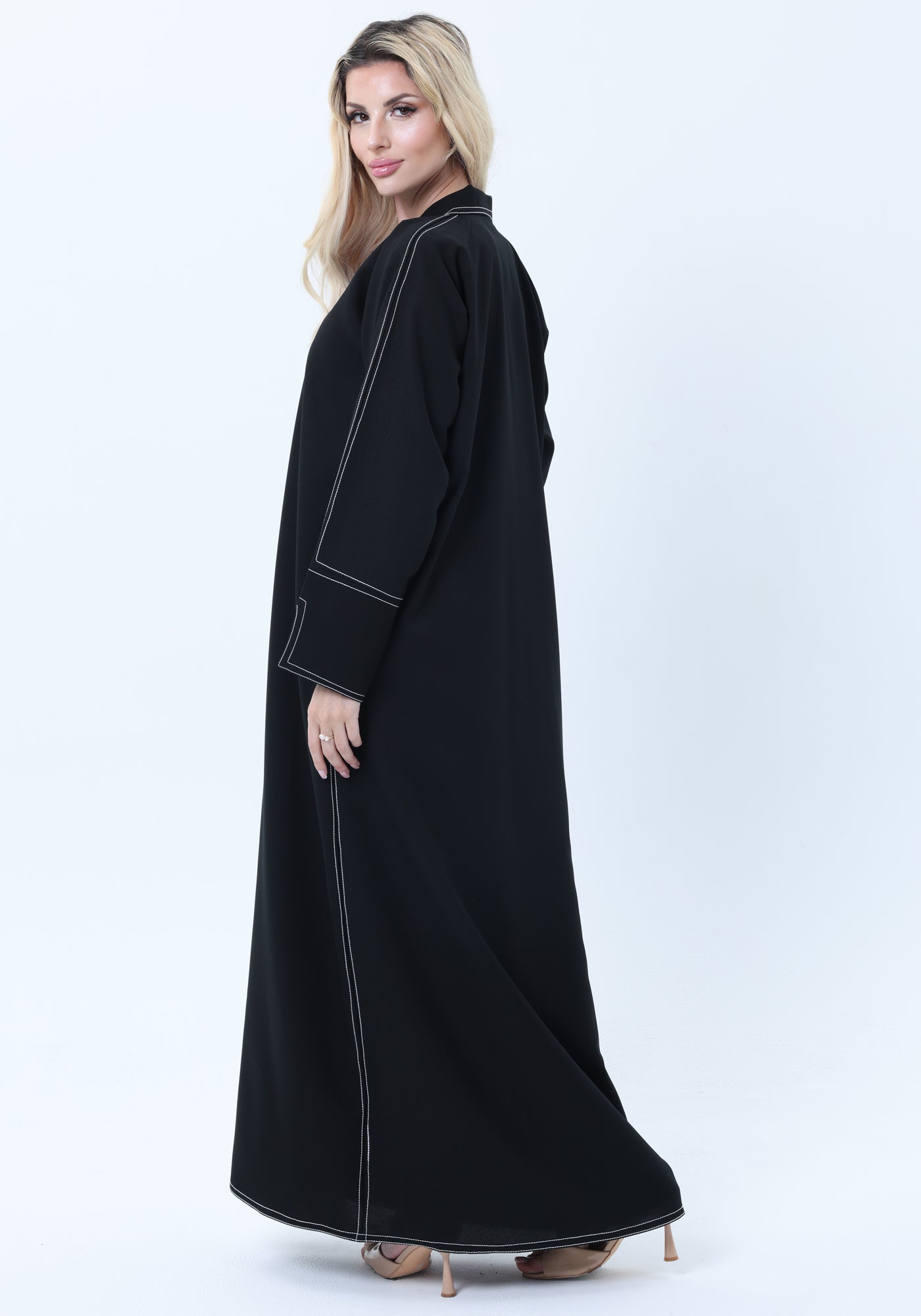 Professional Black Abaya with White Contrast Stitching, Slit Sleeves and Matching Headscarf