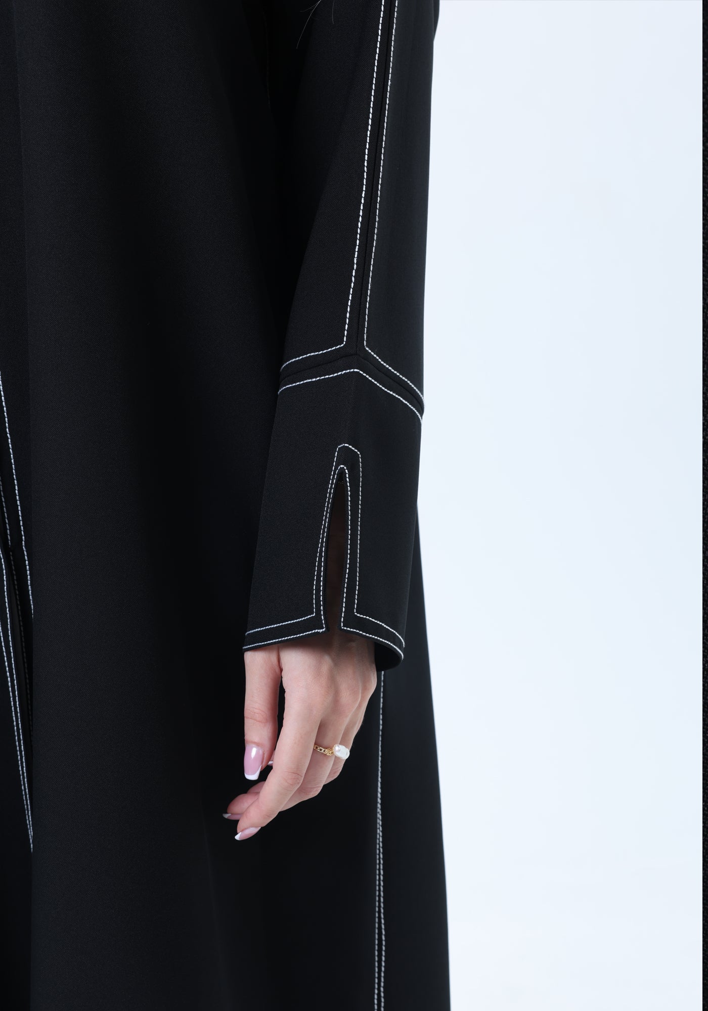 Professional Black Abaya with White Contrast Stitching, Slit Sleeves and Matching Headscarf