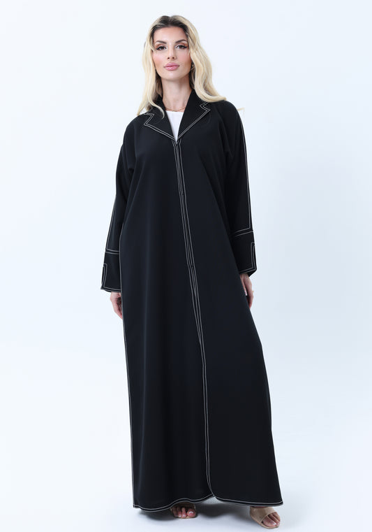 Professional Black Abaya with White Contrast Stitching, Slit Sleeves and Matching Headscarf