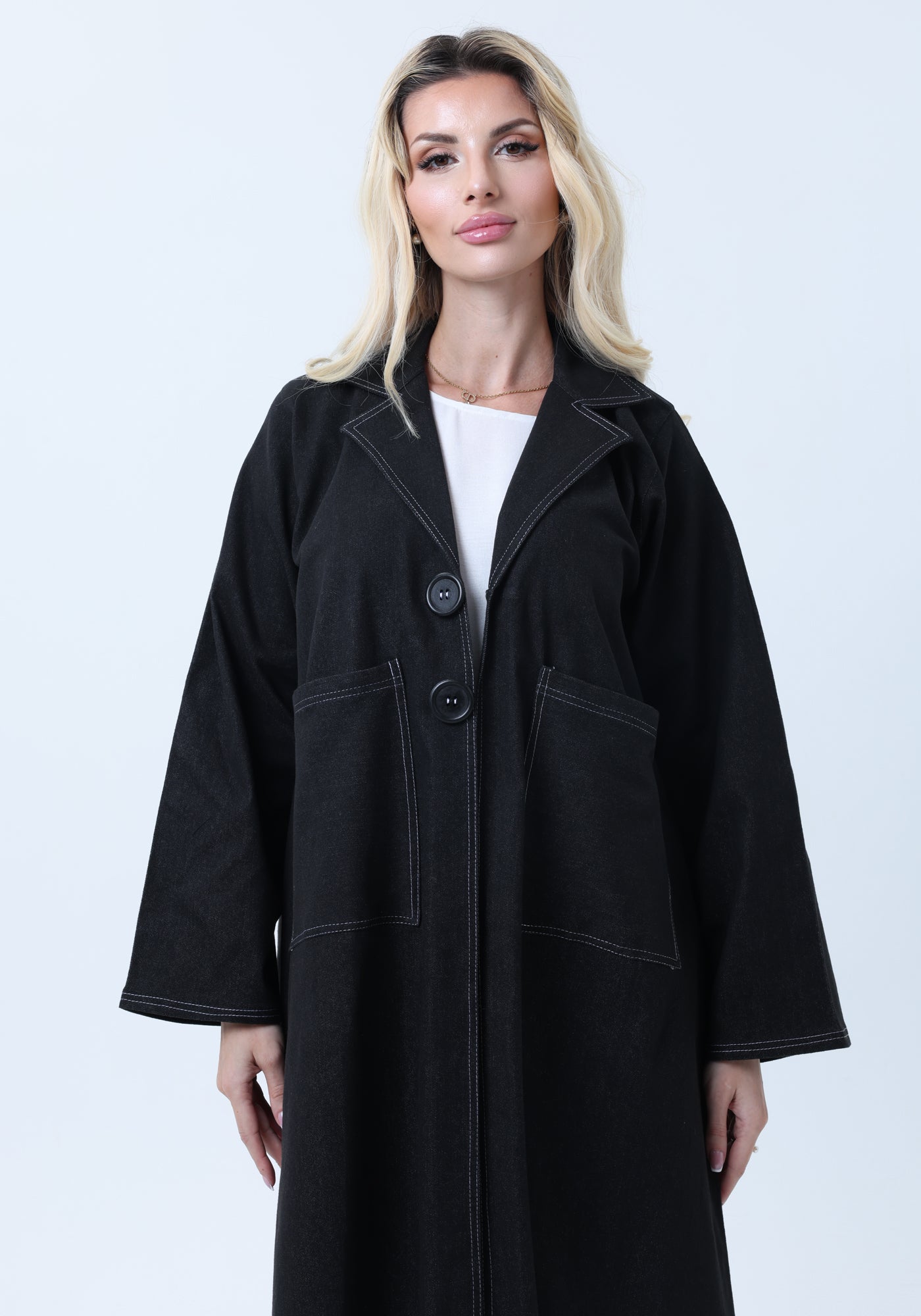 Black Denim Abaya with Pockets & Sheila - Tailored Collar Design