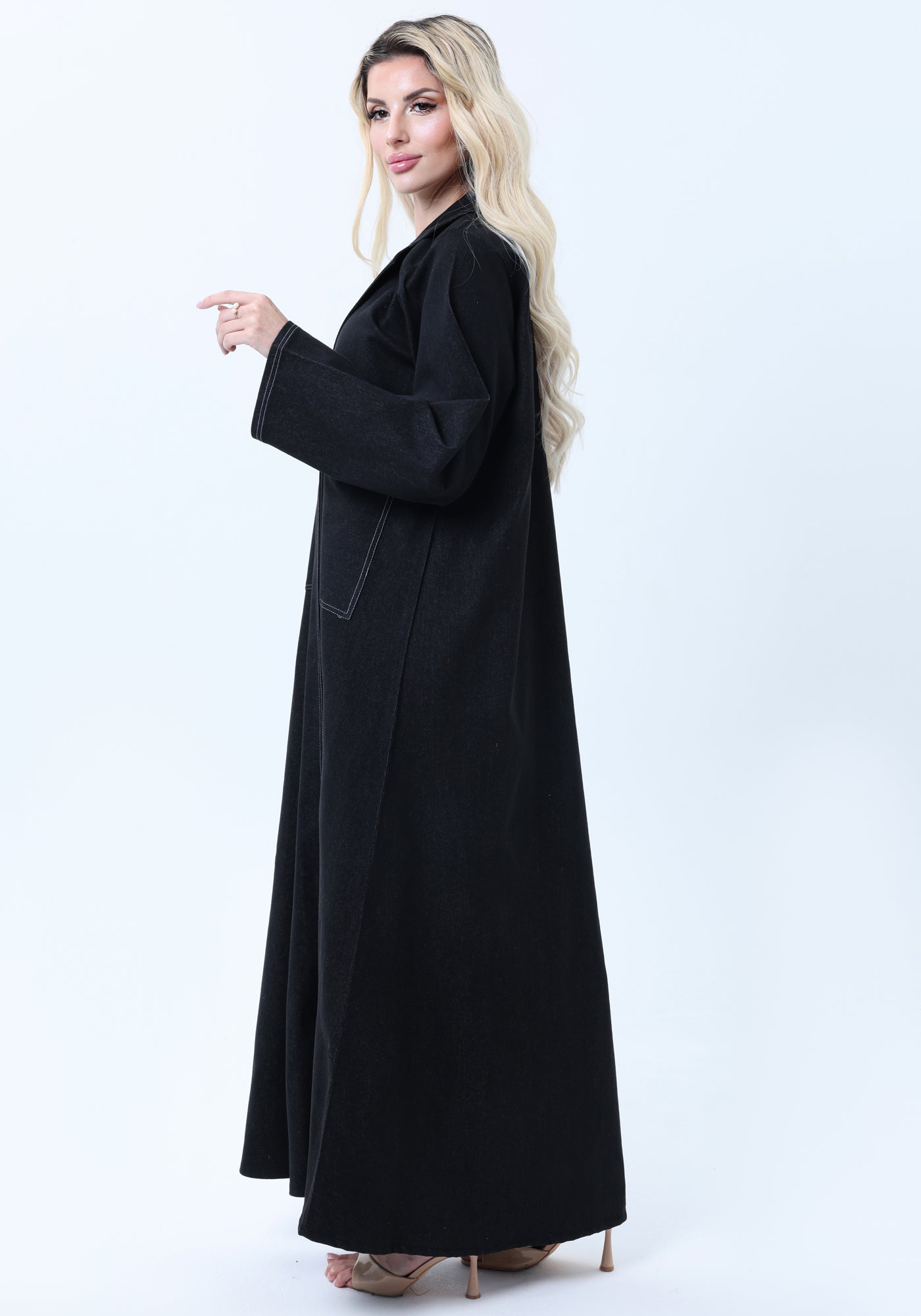 Black Denim Abaya with Pockets & Sheila - Tailored Collar Design