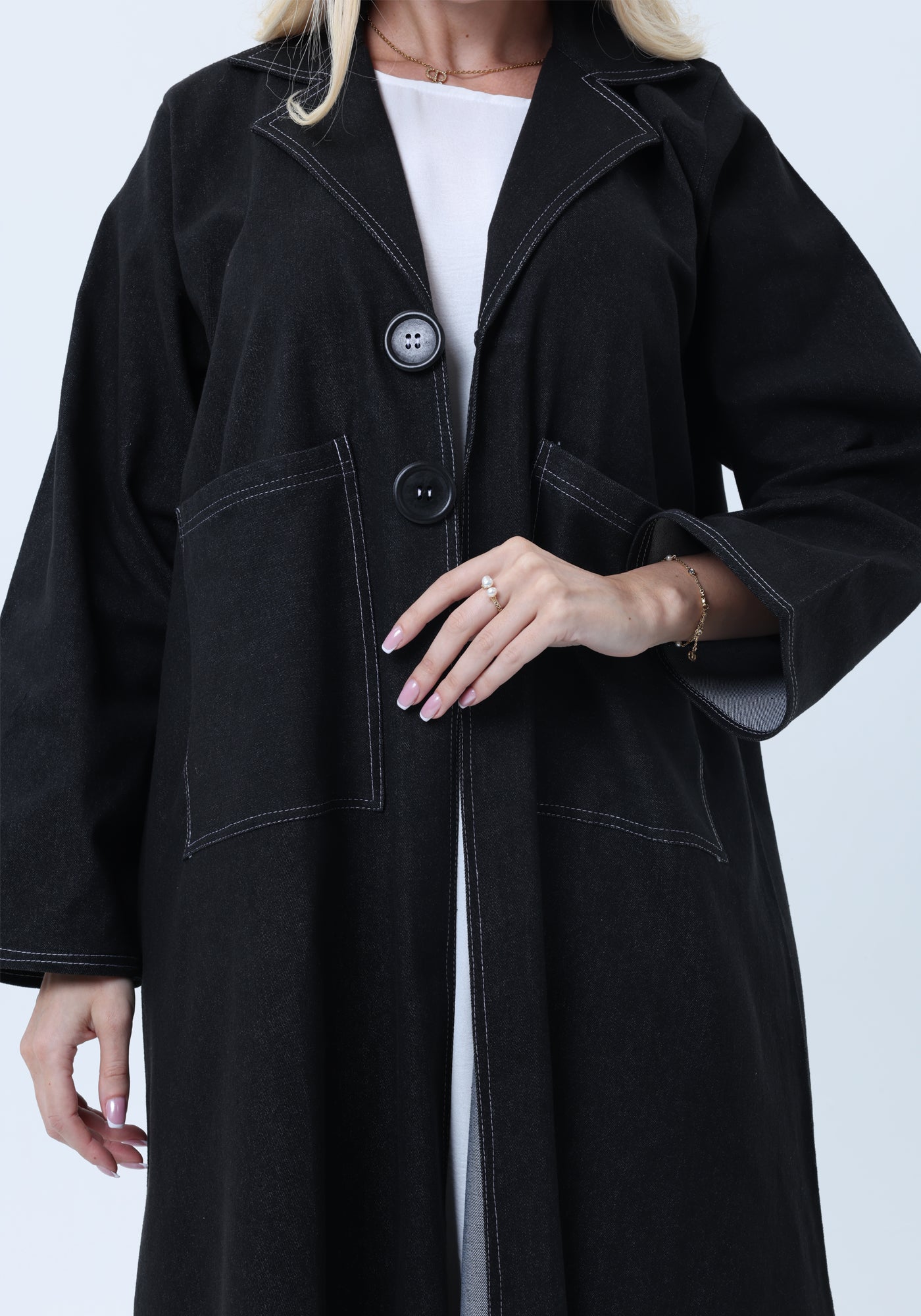 Black Denim Abaya with Pockets & Sheila - Tailored Collar Design