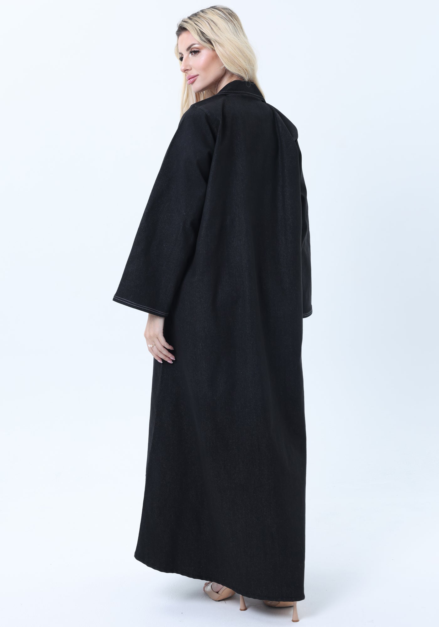 Black Denim Abaya with Pockets & Sheila - Tailored Collar Design