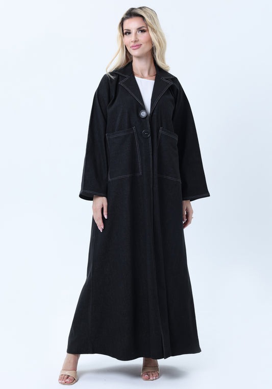 Black Denim Abaya with Pockets & Sheila - Tailored Collar Design