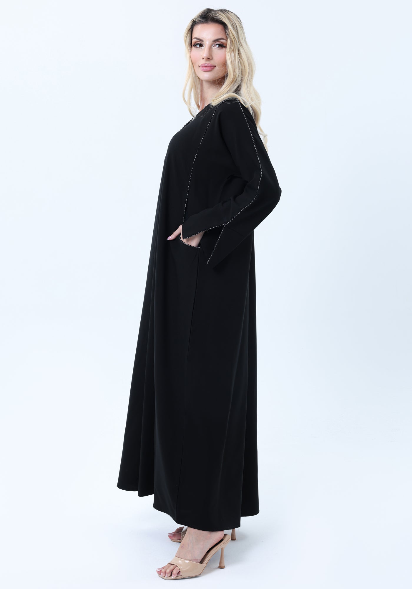 Black Phua Fabric Abaya with Lace Trim, Silver Detailing & Pockets