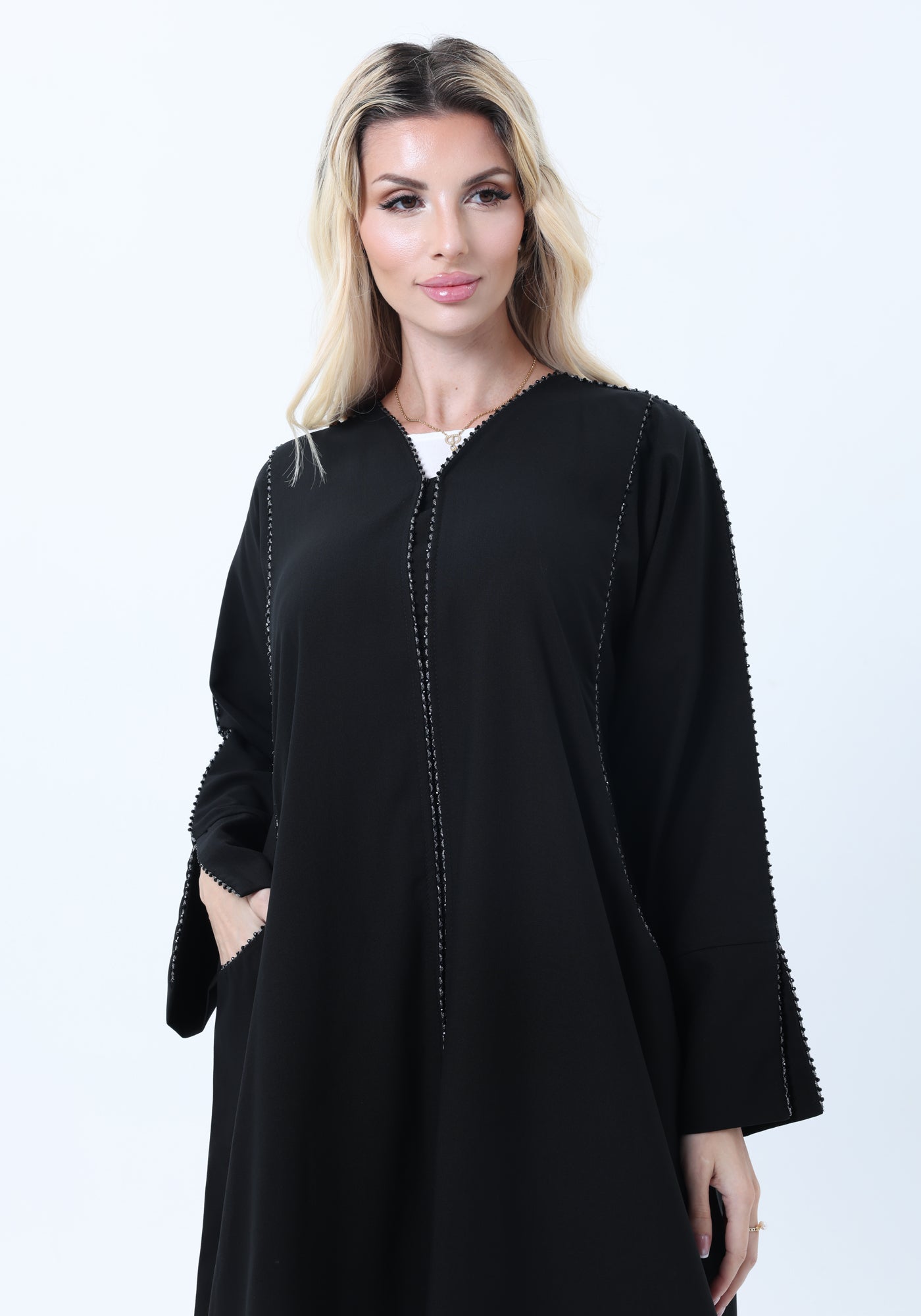 Black Phua Fabric Abaya with Lace Trim, Silver Detailing & Pockets