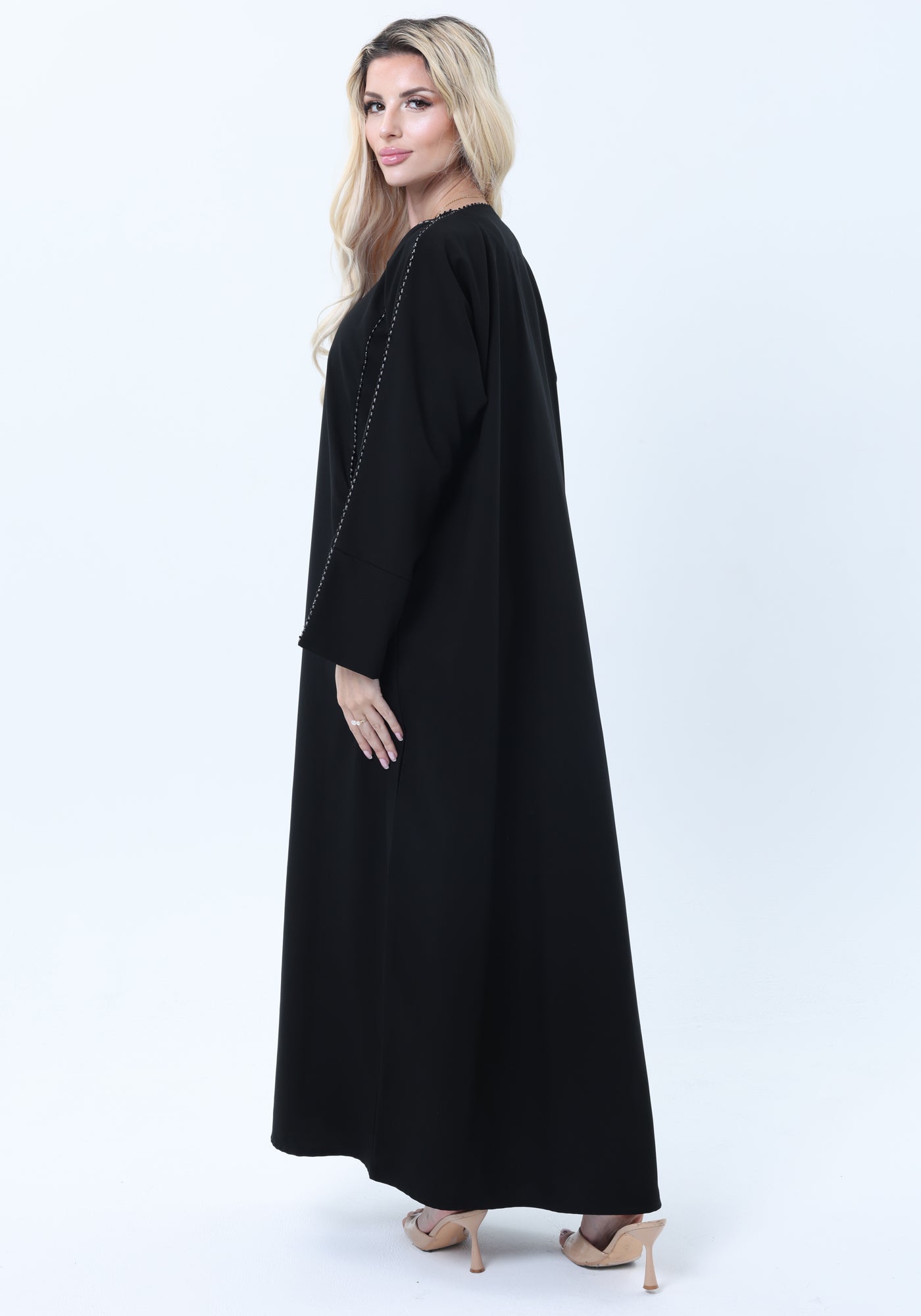 Black Phua Fabric Abaya with Lace Trim, Silver Detailing & Pockets