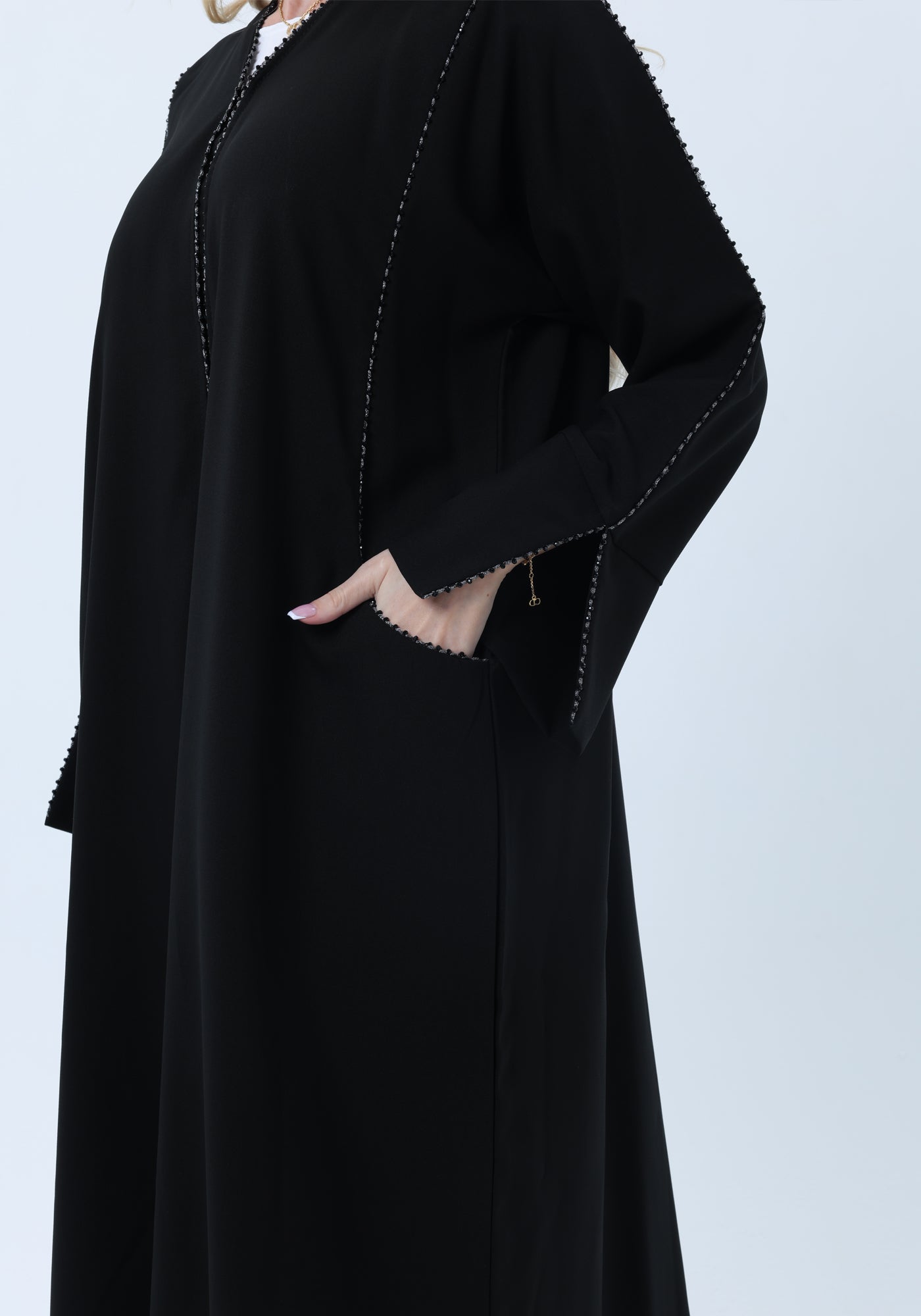 Black Phua Fabric Abaya with Lace Trim, Silver Detailing & Pockets