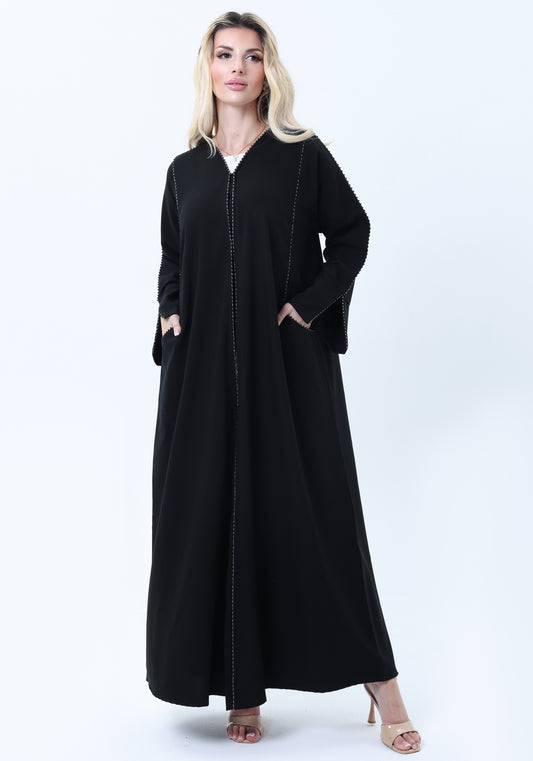 Black Phua Fabric Abaya with Lace Trim, Silver Detailing & Pockets