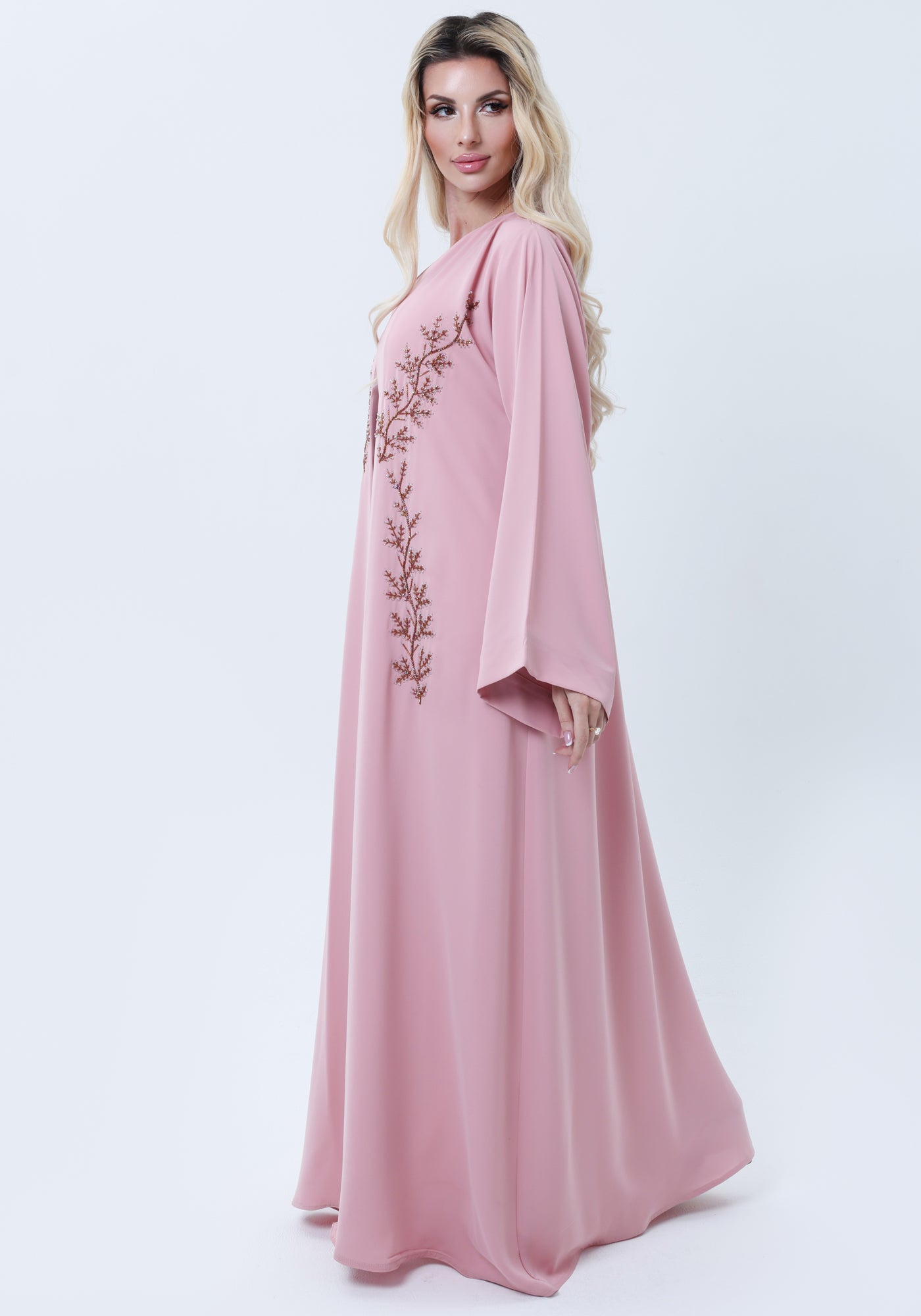 Pink Embroidered Abaya in Nida Fabric with Matching Sheila
