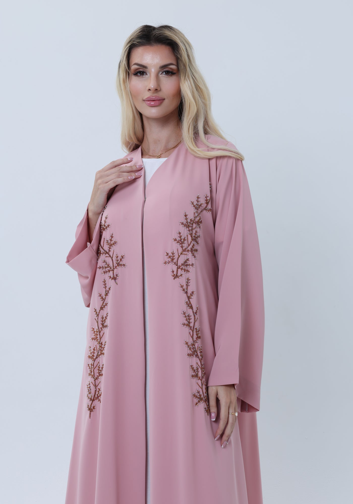 Pink Embroidered Abaya in Nida Fabric with Matching Sheila