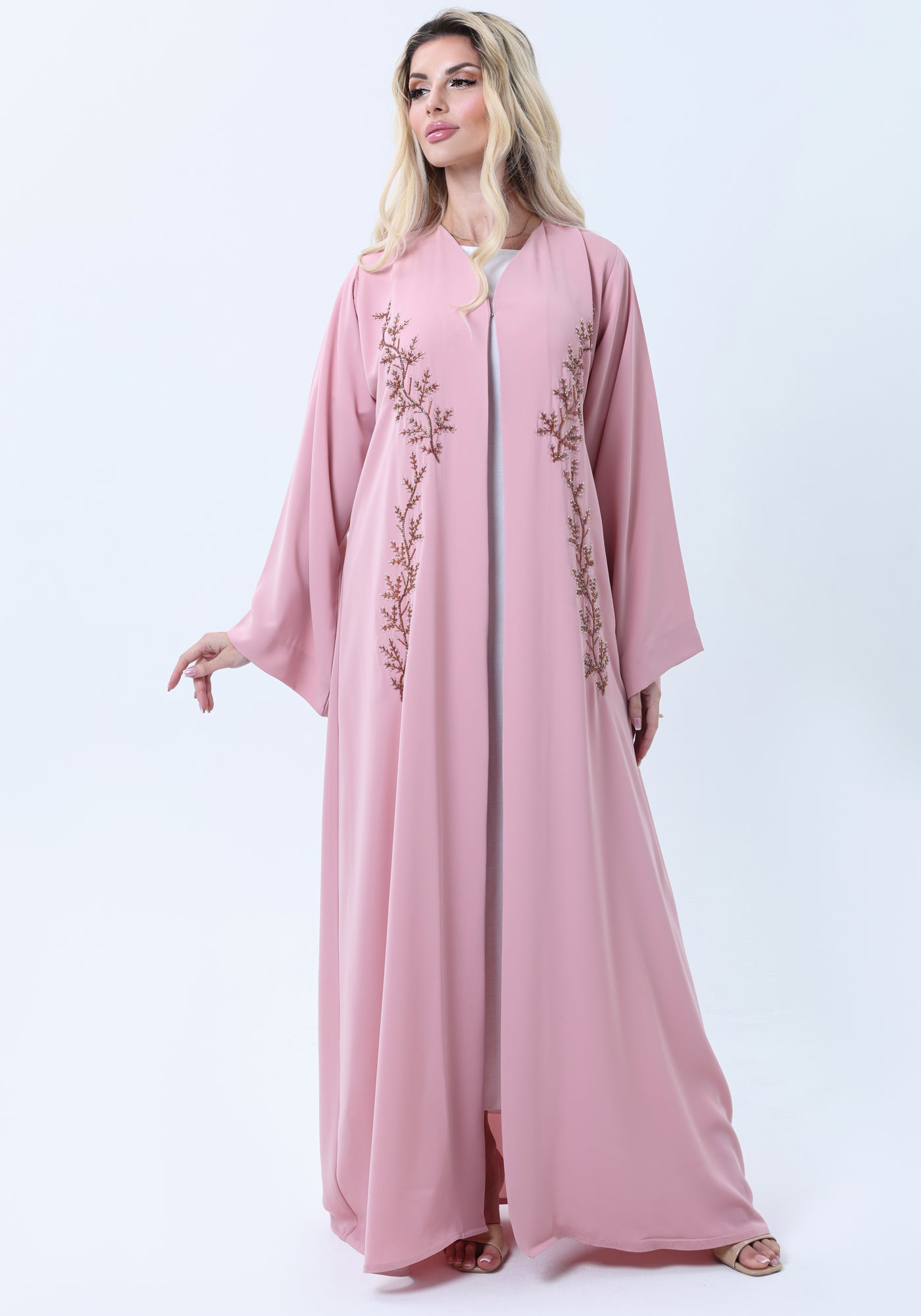 Pink Embroidered Abaya in Nida Fabric with Matching Sheila