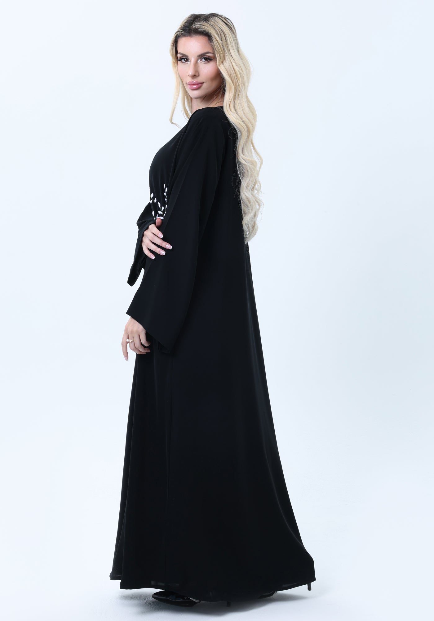 Black Nida Abaya with White Leaf Embroidery  - Elegant Threadwork Design With Headscarf