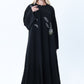 Black Nida Abaya with White Leaf Embroidery  - Elegant Threadwork Design With Headscarf