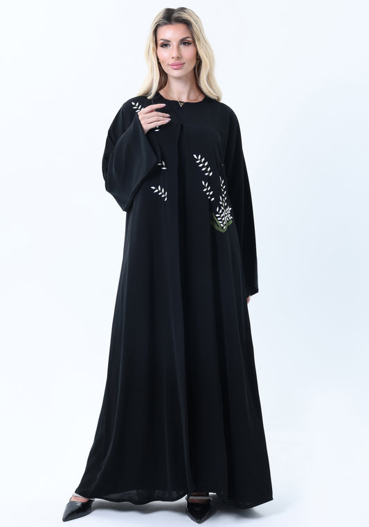 Black Nida Abaya with White Leaf Embroidery  - Elegant Threadwork Design With Headscarf