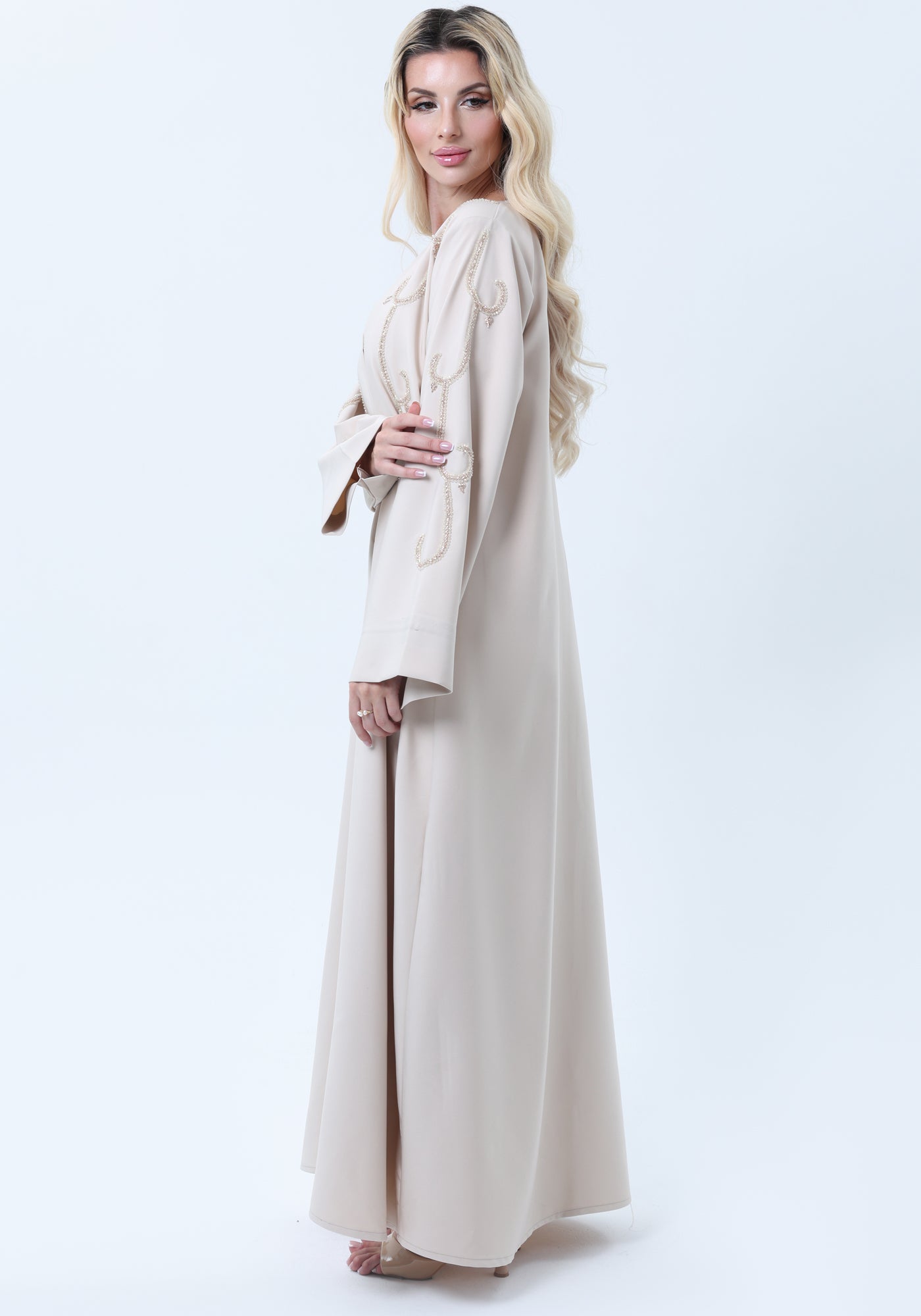 Beige Mélange Hand Embroidered Abaya with Matching Headscarf