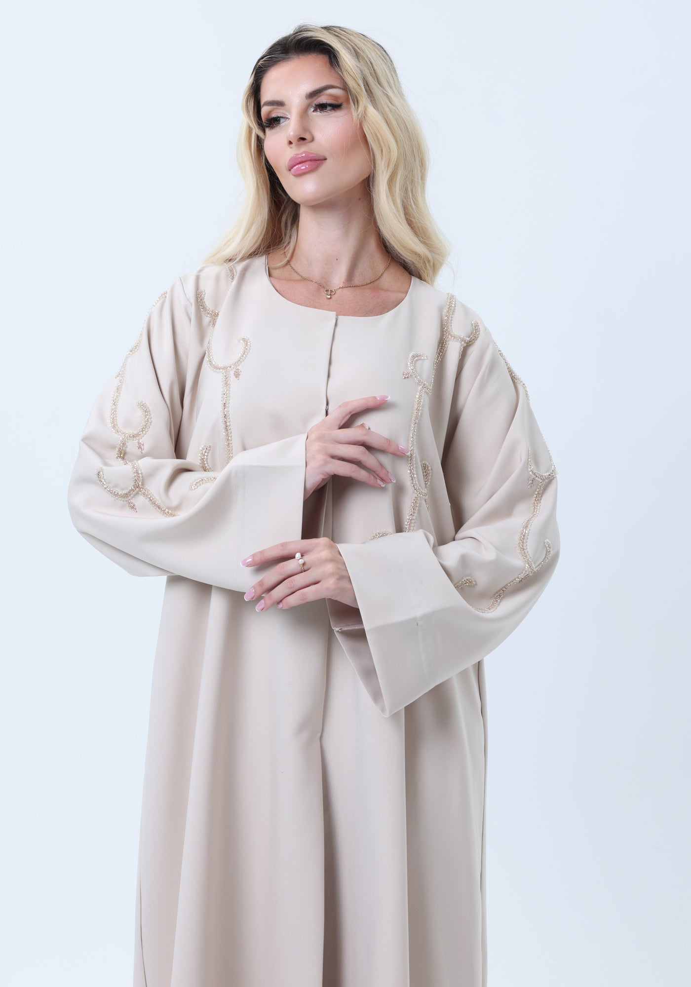 Beige Mélange Hand Embroidered Abaya with Matching Headscarf