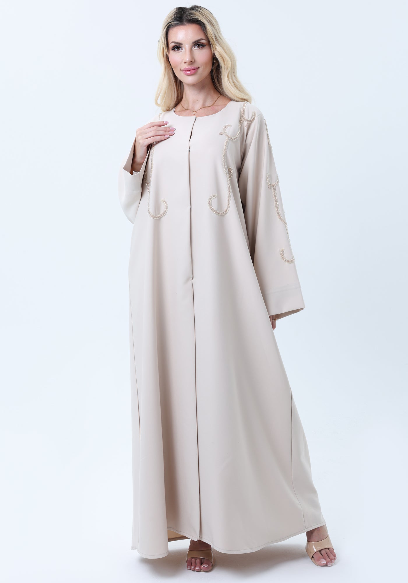 Beige Mélange Hand Embroidered Abaya with Matching Headscarf