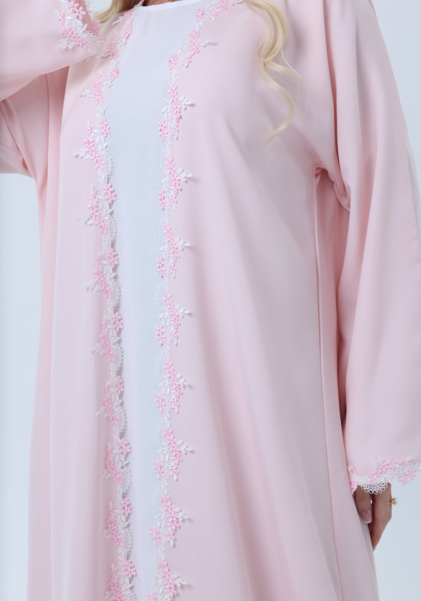Elegant Pink Lace Abaya with Matching Sheila - Lightweight Nida