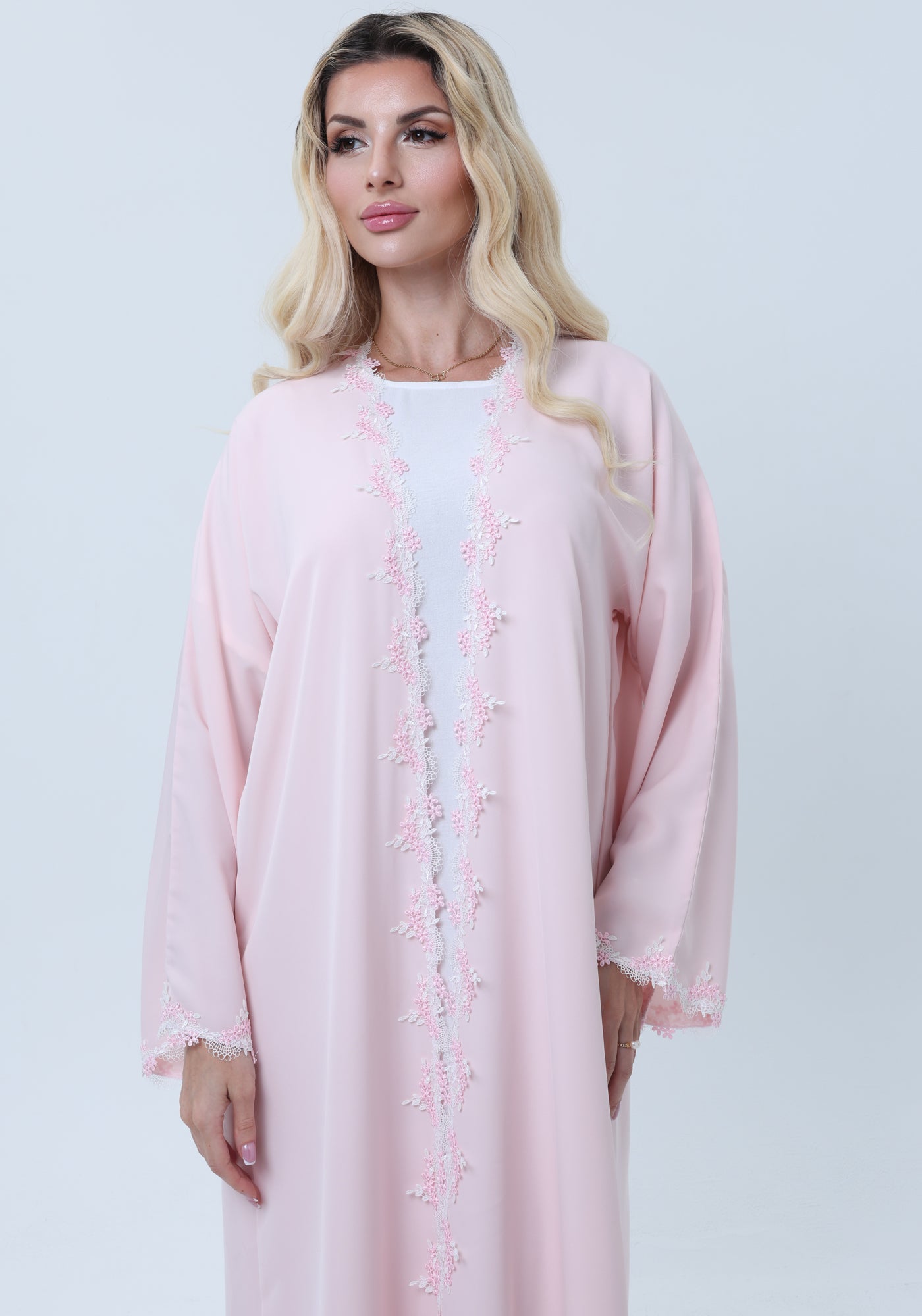 Elegant Pink Lace Abaya with Matching Sheila - Lightweight Nida