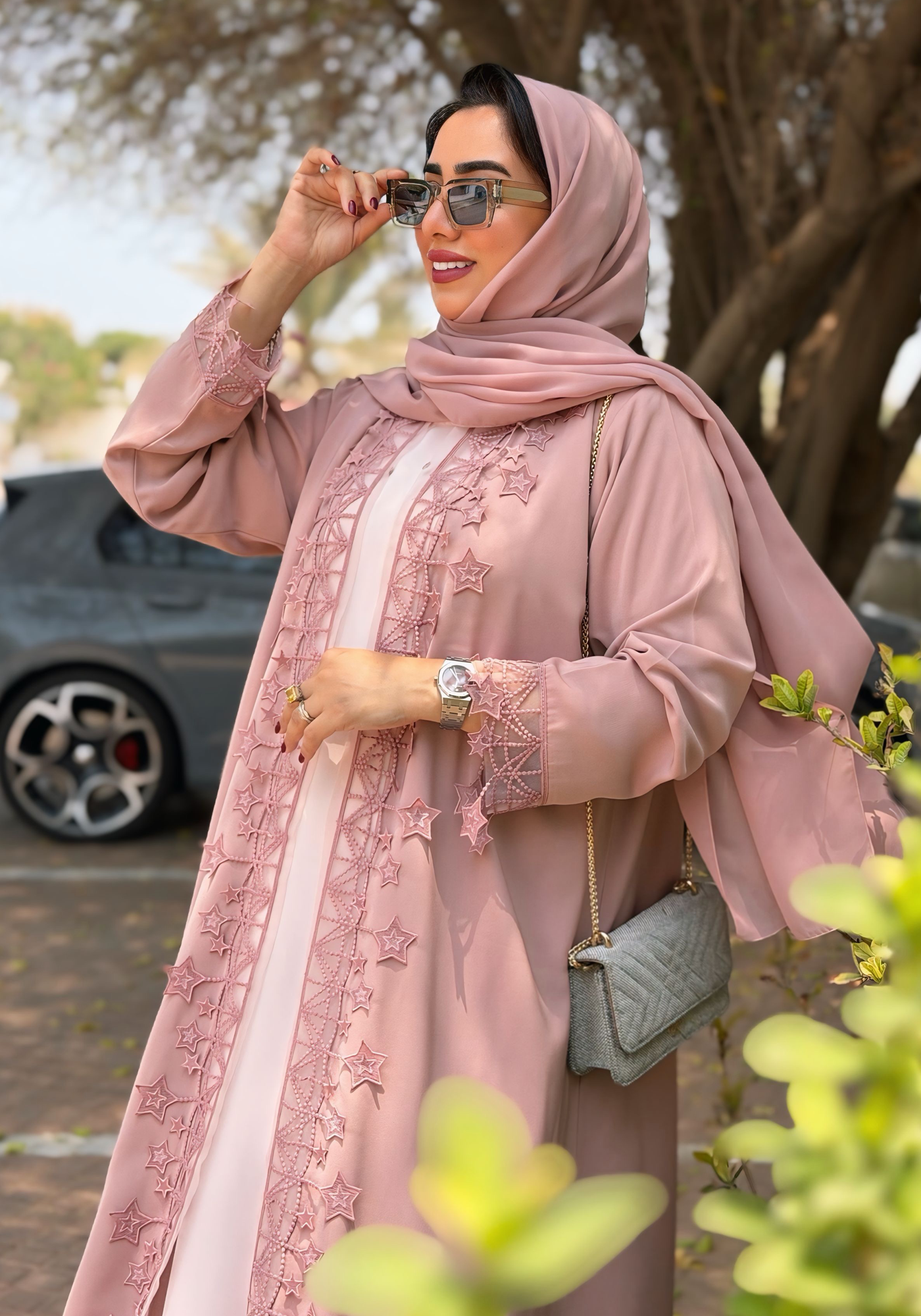 Blush Star Lace Abaya with Matching Hijab