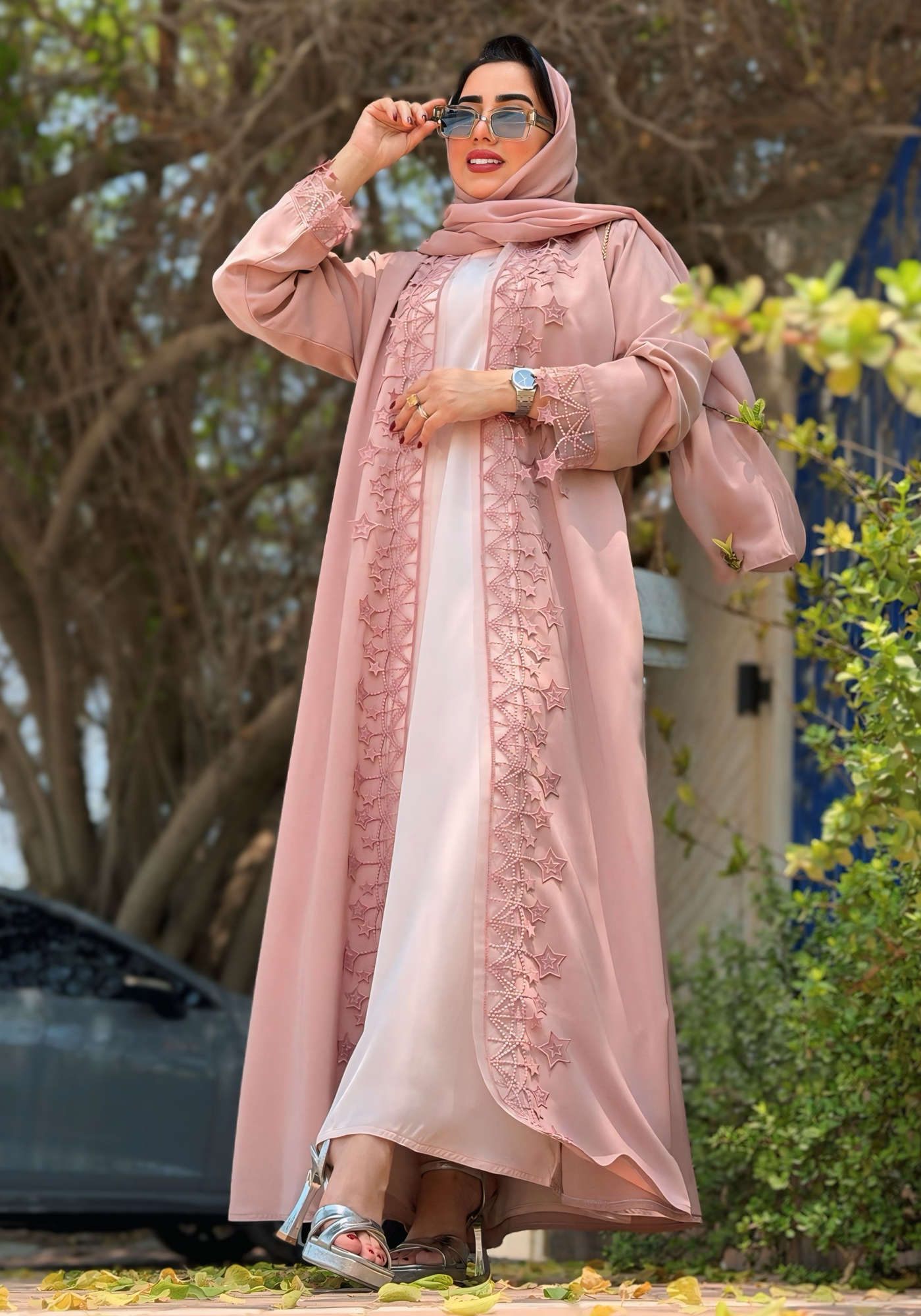 Blush Star Lace Abaya with Matching Hijab