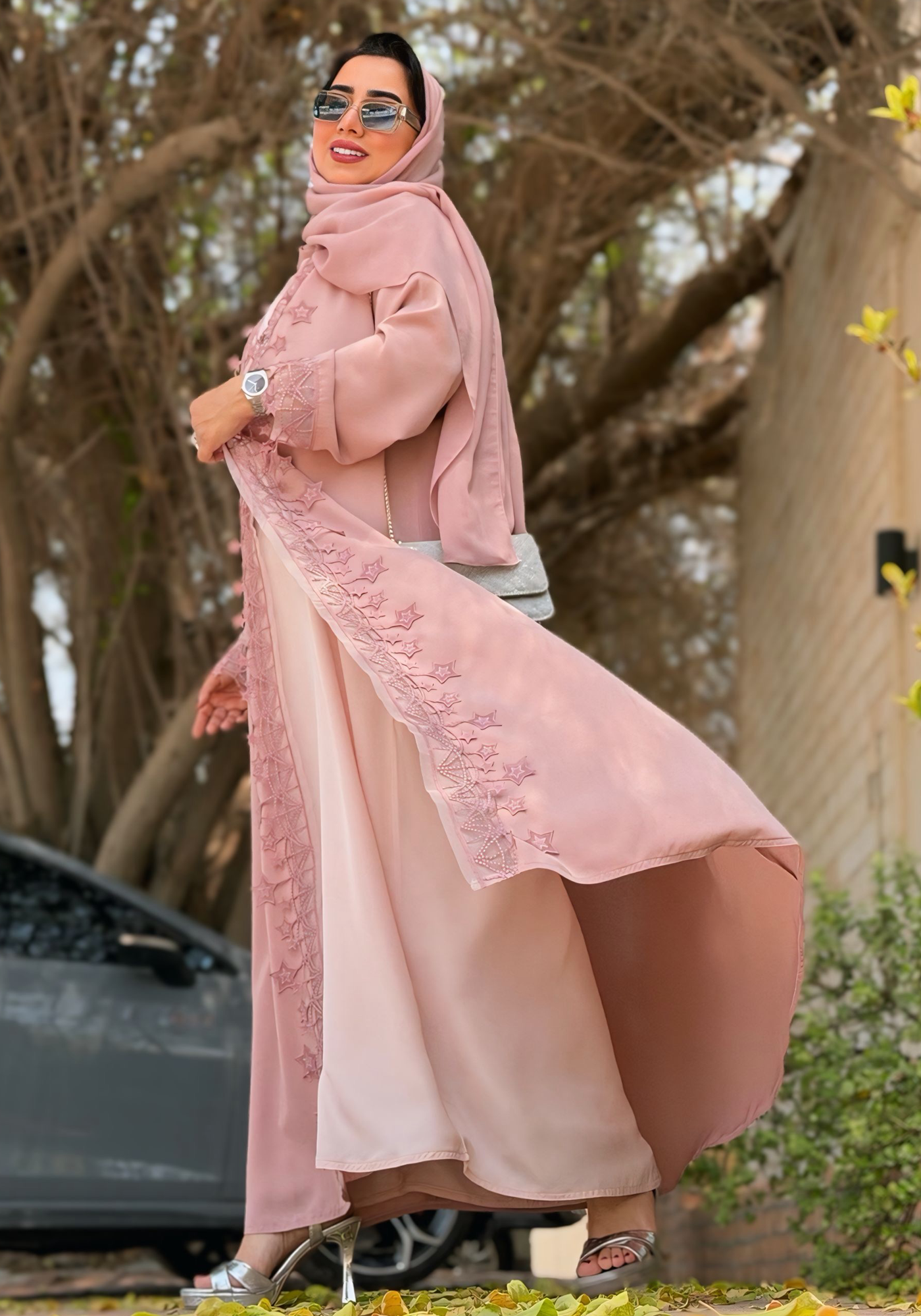 Blush Star Lace Abaya with Matching Hijab
