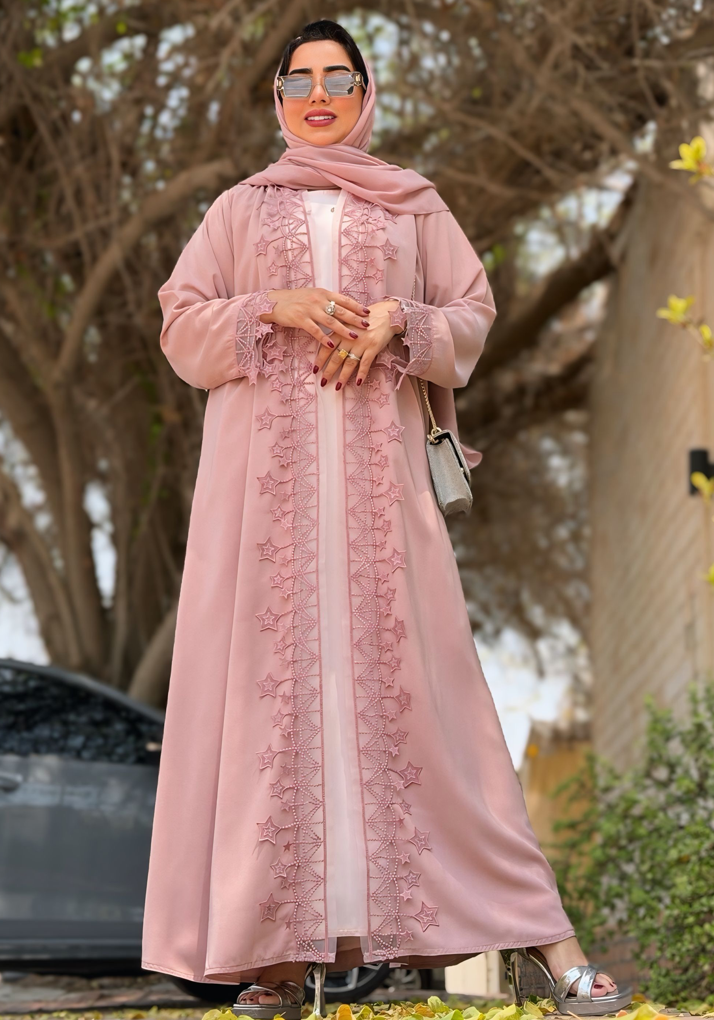 Blush Star Lace Abaya with Matching Hijab