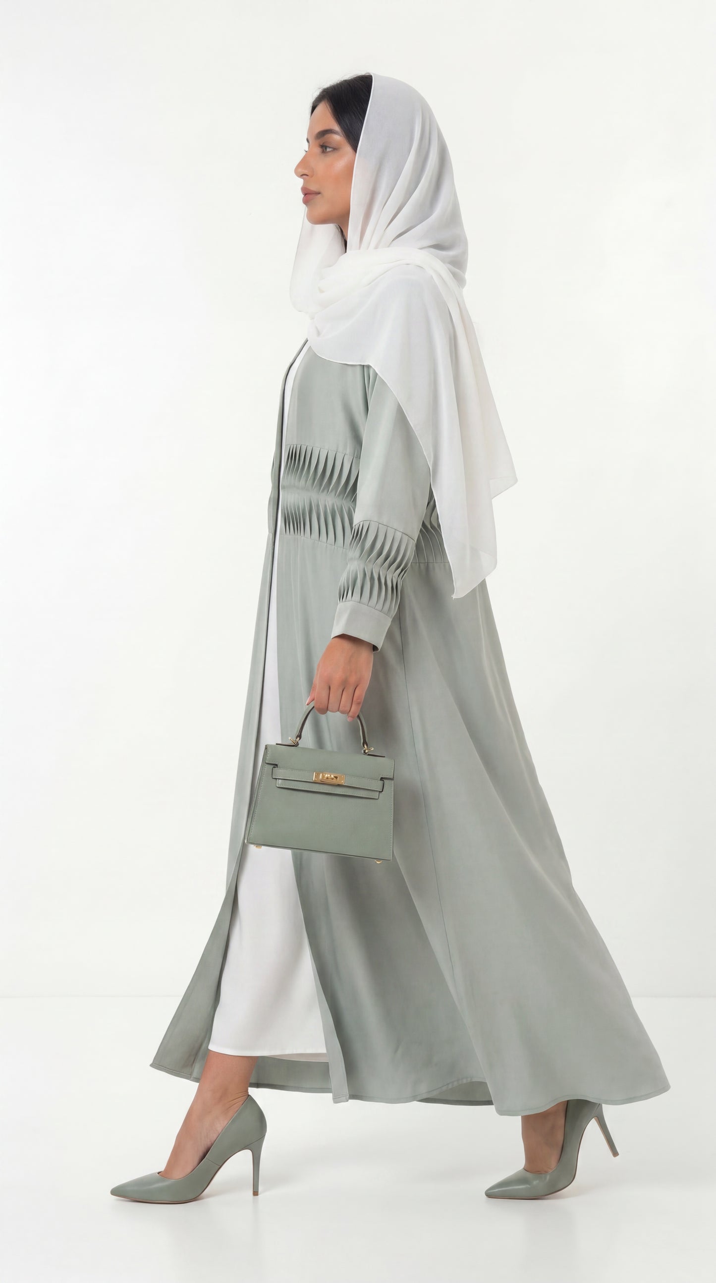 Elegant Green Pleated Abaya with Matching Headscarf