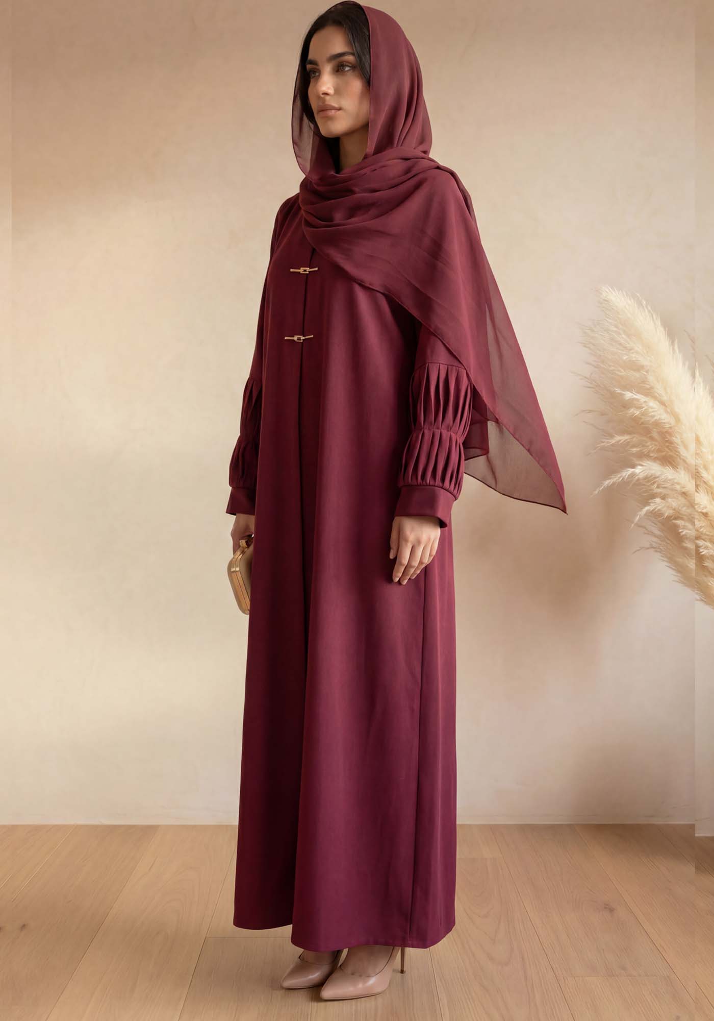 Maroon Crepe Abaya with Pleated Cuffs & Matching Chiffon Hijab