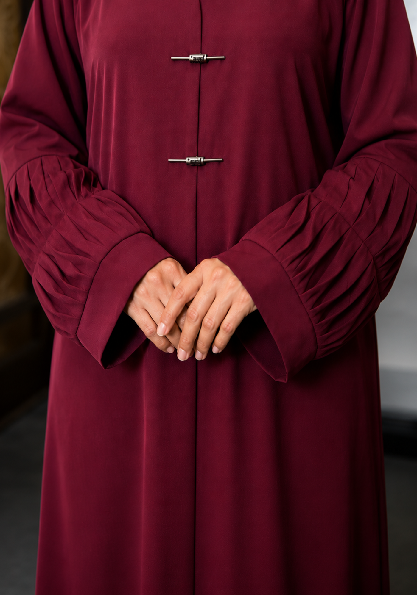 Maroon Crepe Abaya with Pleated Cuffs & Matching Chiffon Hijab