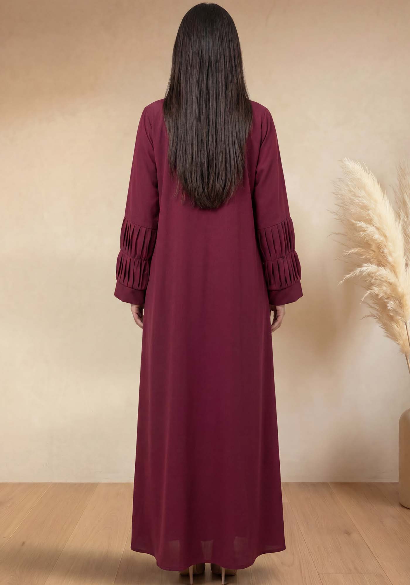 Maroon Crepe Abaya with Pleated Cuffs & Matching Chiffon Hijab