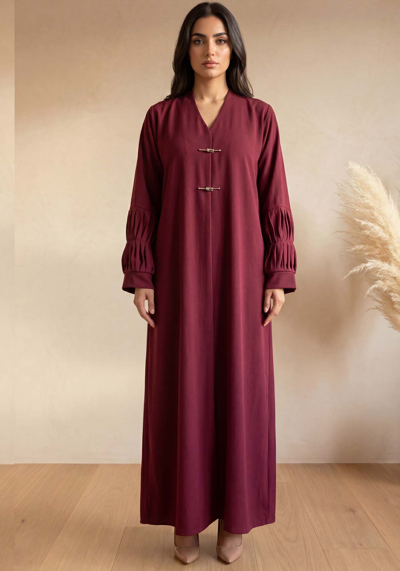 Maroon Crepe Abaya with Pleated Cuffs & Matching Chiffon Hijab