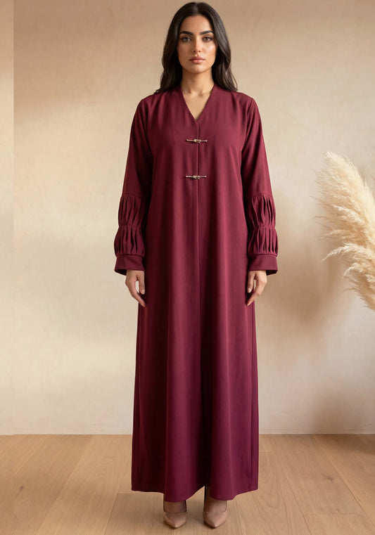 Maroon Crepe Abaya with Pleated Cuffs & Matching Chiffon Hijab
