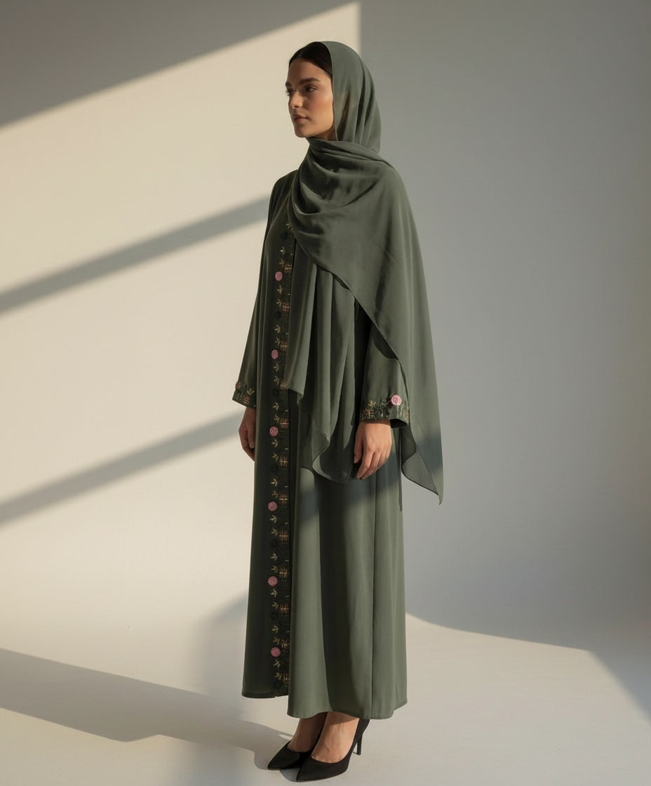 Olive Green Hand Embroidered Barbie Crepe Abaya
