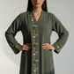 Olive Green Hand Embroidered Barbie Crepe Abaya