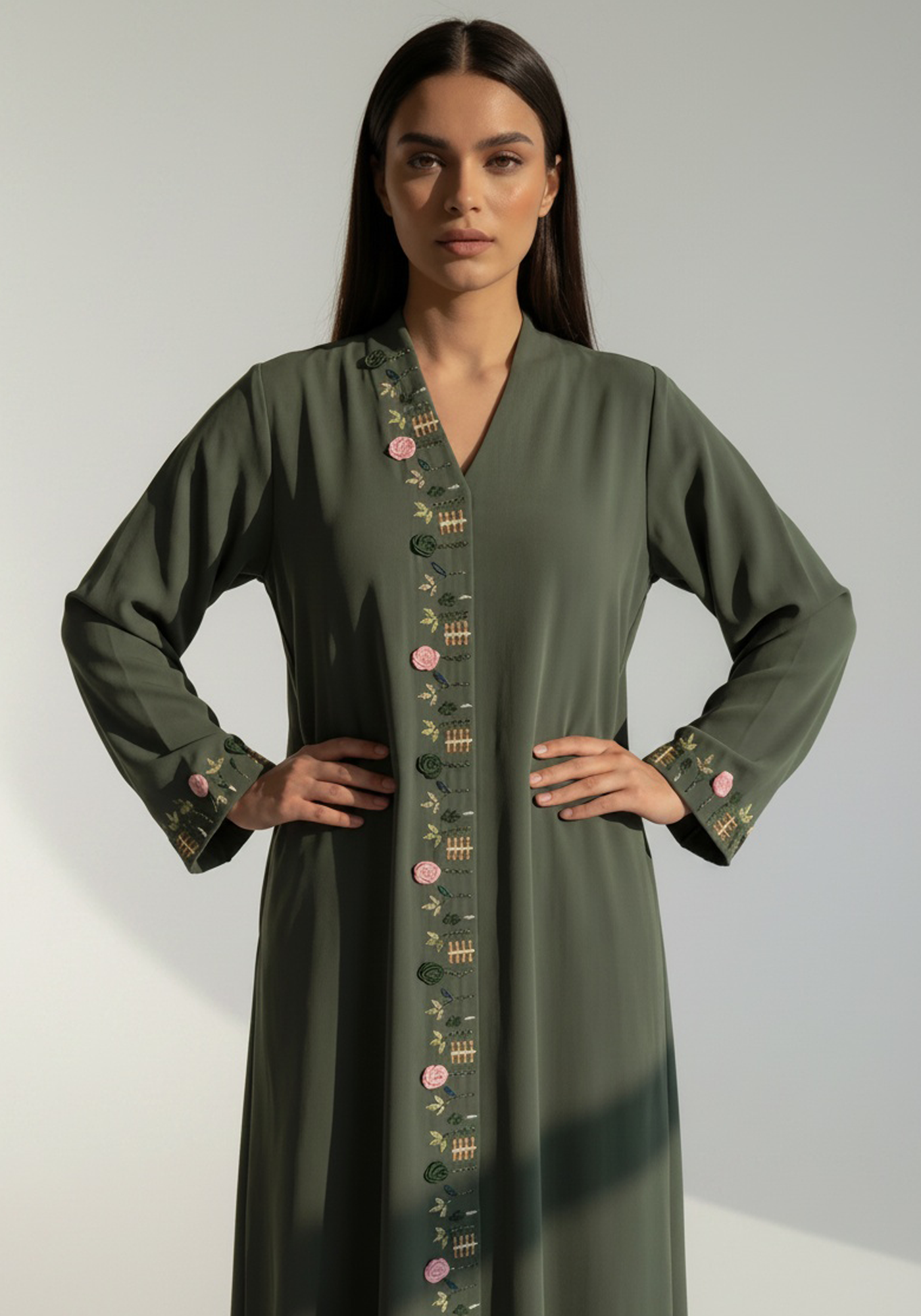 Olive Green Hand Embroidered Barbie Crepe Abaya