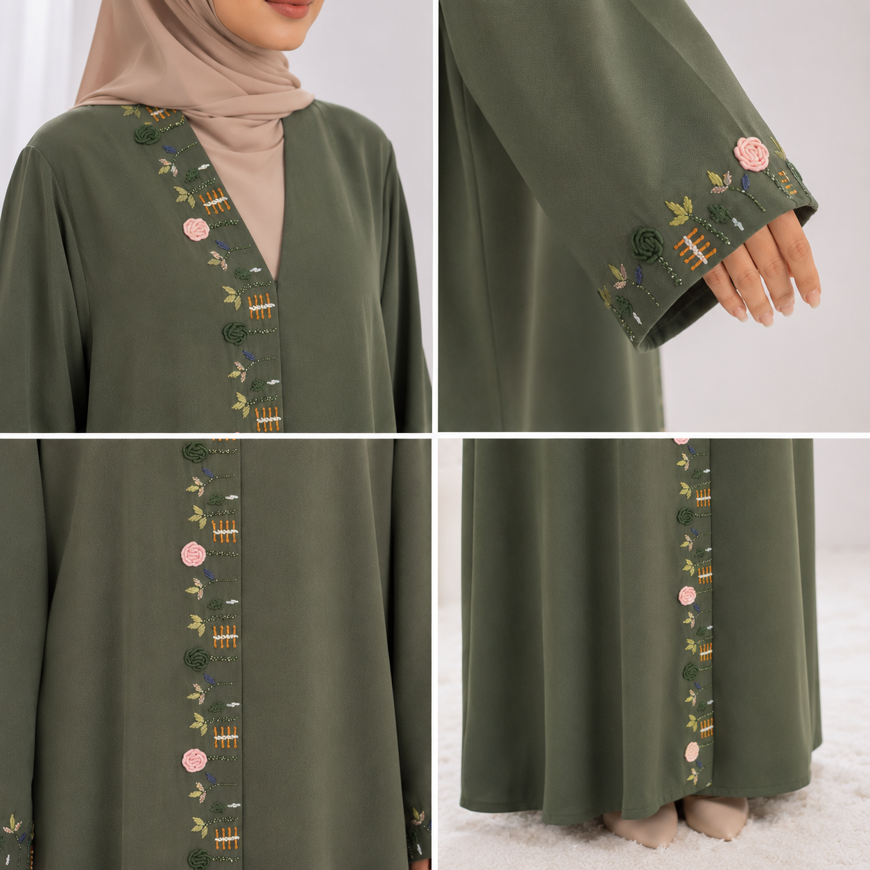 Olive Green Hand Embroidered Barbie Crepe Abaya