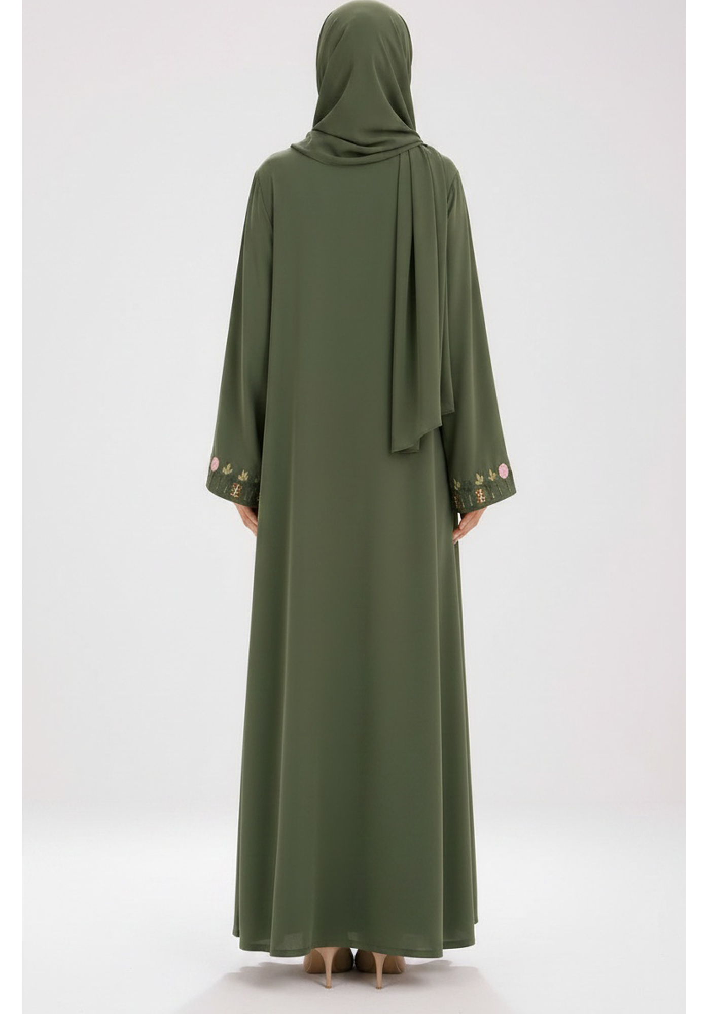 Olive Green Hand Embroidered Barbie Crepe Abaya