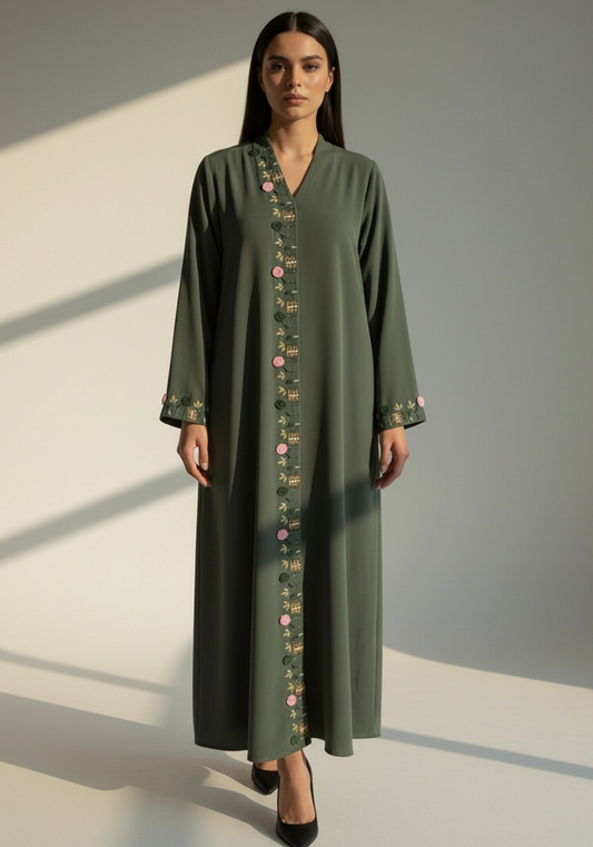 Olive Green Hand Embroidered Barbie Crepe Abaya