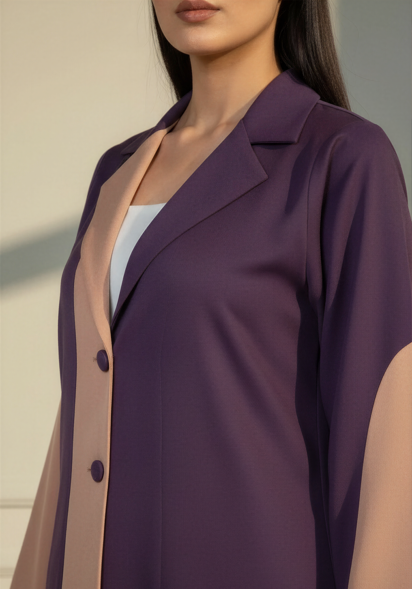 Deep Purple Abaya with Peach Contrast Trim, Blazer Style Collar Design