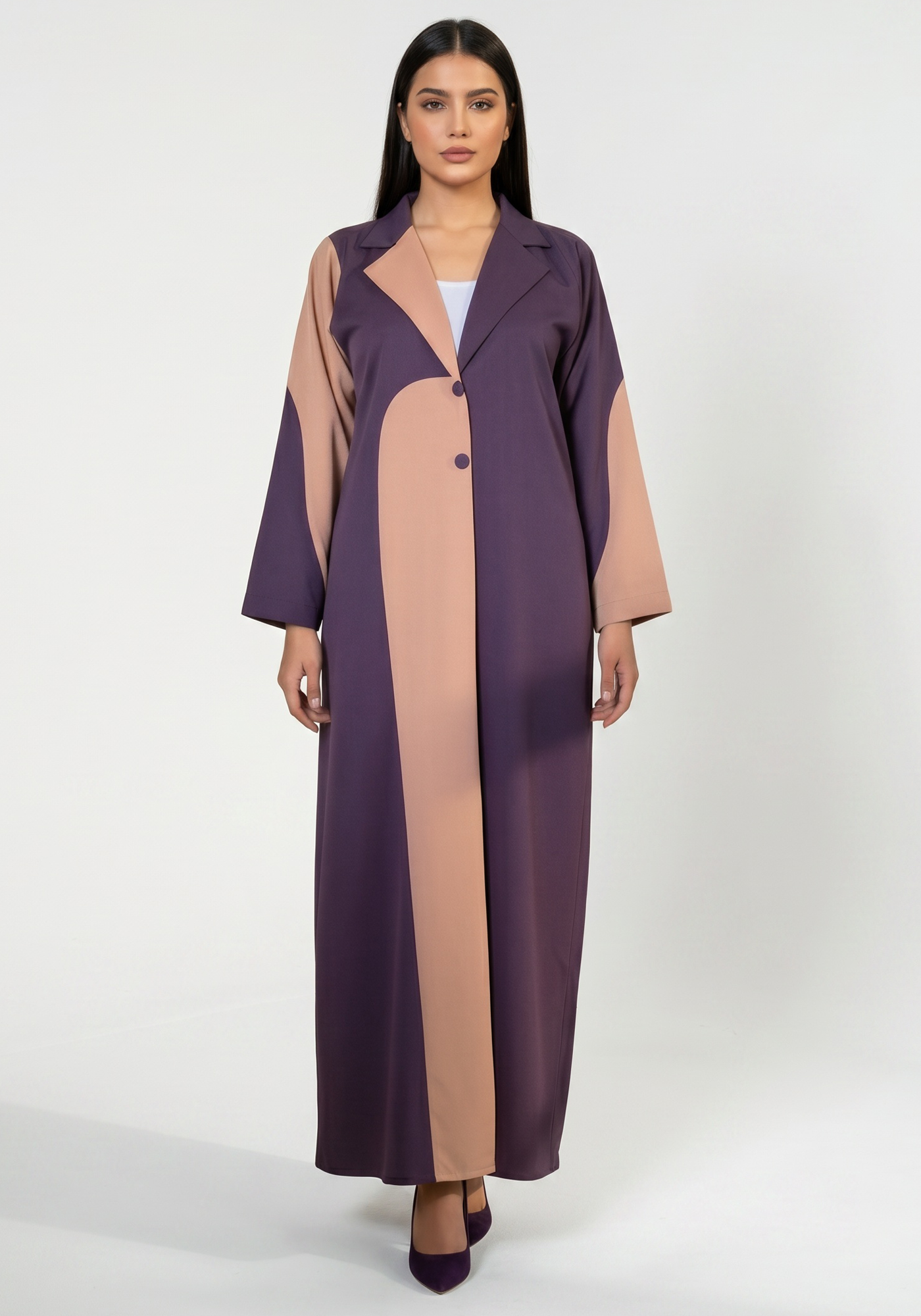 Deep Purple Abaya with Peach Contrast Trim, Blazer Style Collar Design