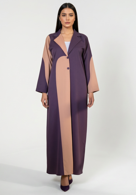 Deep Purple Abaya with Peach Contrast Trim, Blazer Style Collar Design