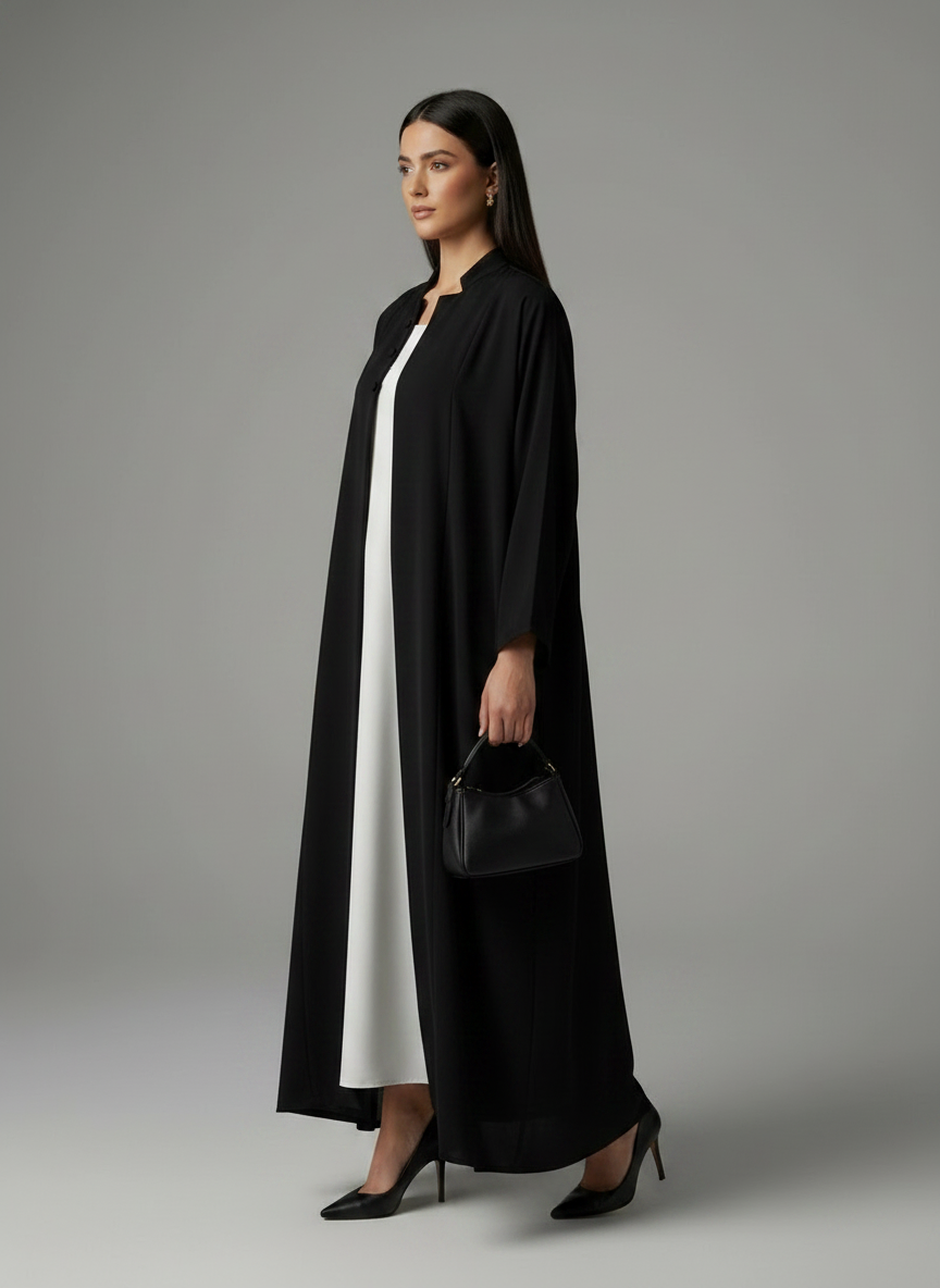 Signature Korean Nida Black Open Abaya Minimalist High-Neck Design