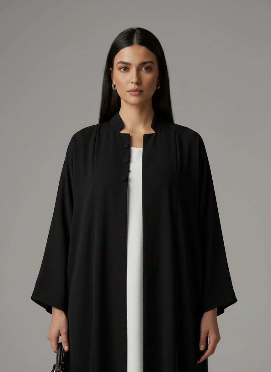 Signature Korean Nida Black Open Abaya Minimalist High-Neck Design